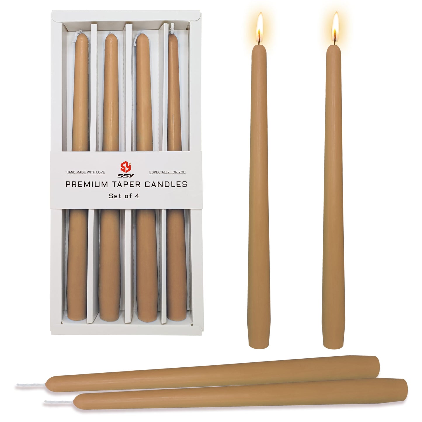 Warm Beige Taper Candles Set of 4, 10 Inch Handmade Candle Stick, Unscented Candlesticks, Tapered Candles for Wedding Dinner Table Home Decor Meditation Gift