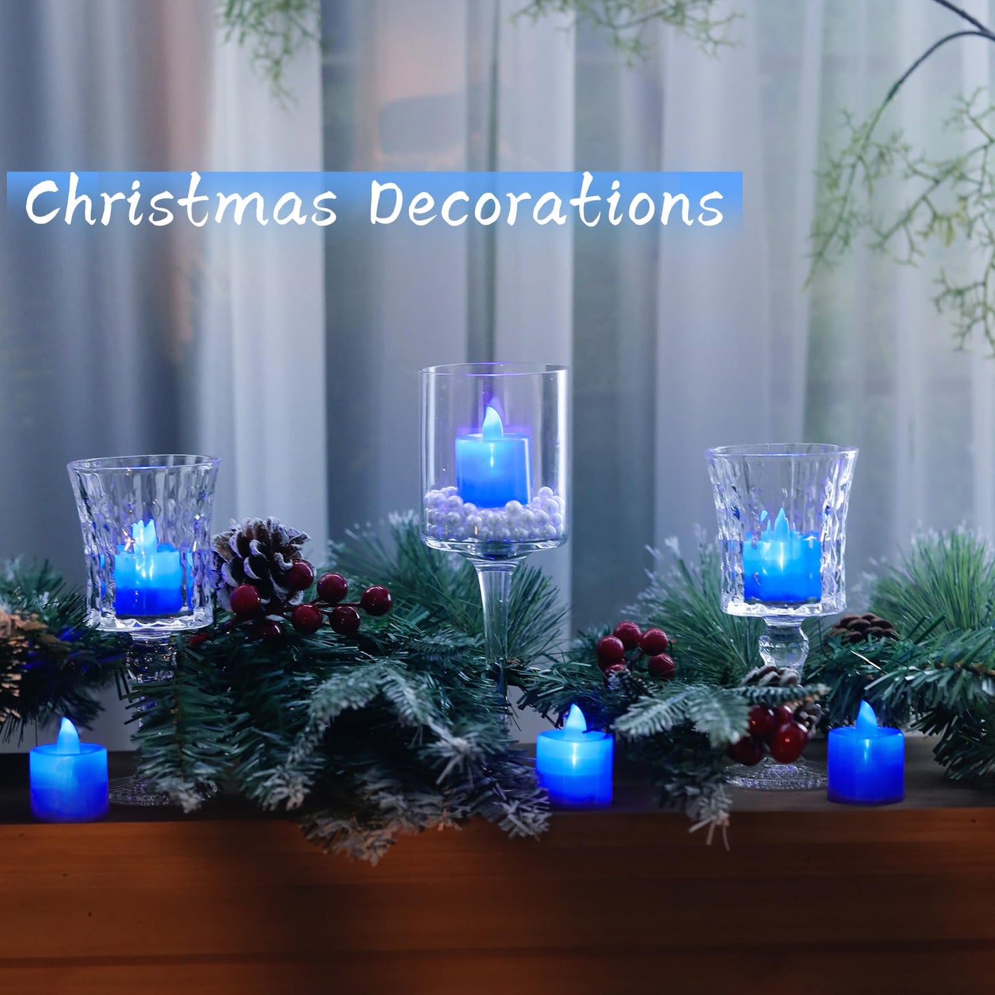 LANKER 24 Pack Flameless Led Tea Lights Candles, Flickering Blue Battery Operated Electronic Fake Candles, Decorations for Wedding, Party, Christmas, Halloween and Festival Celebration (Blue)