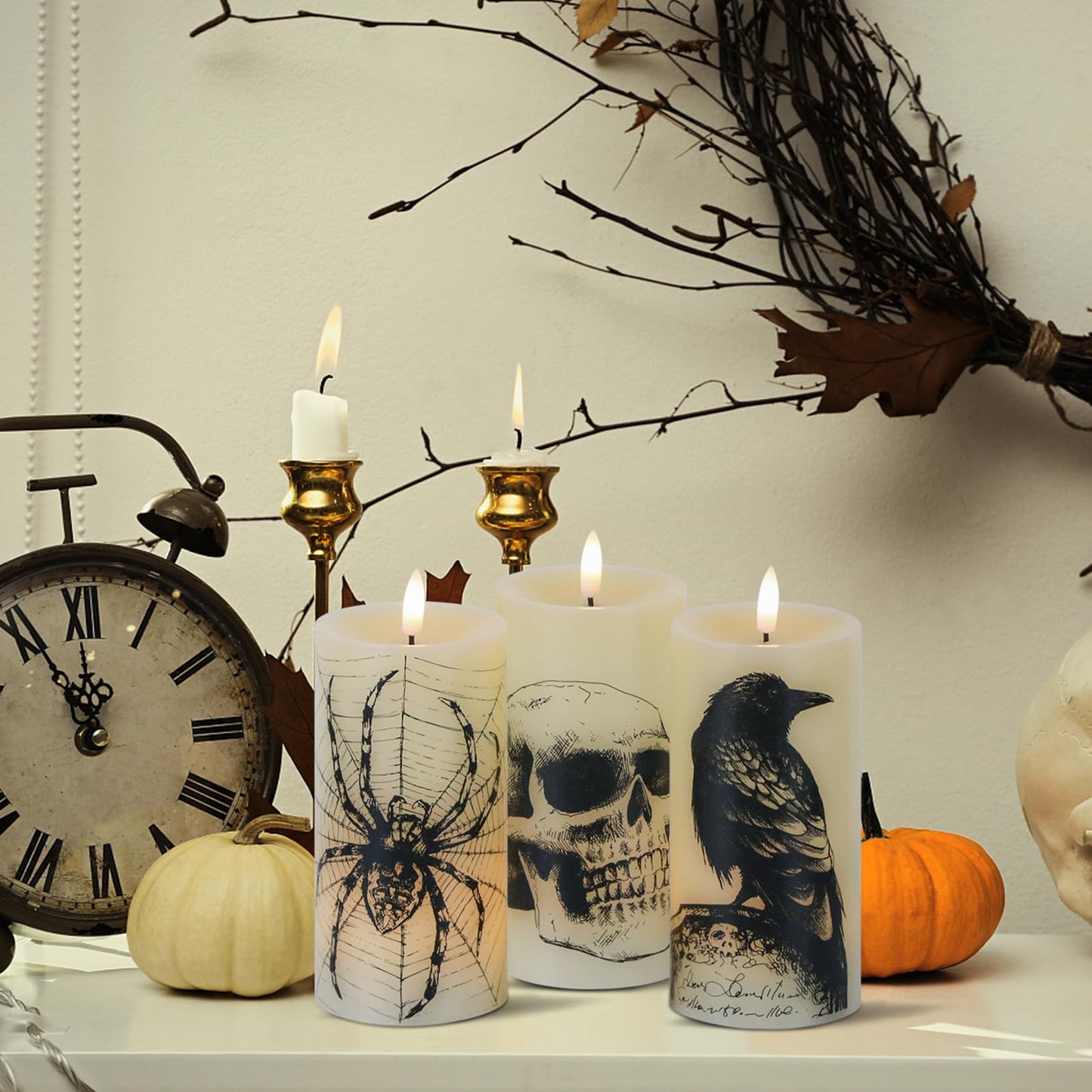 Lasumora Halloween Decorations Flameless Candles with Remote Timer - Skull, Spider Web, Crow Raven Decals Set of 3, Battery Operated Halloween Decor Indoor LED Candle Horror Gothic Punk Real Wax