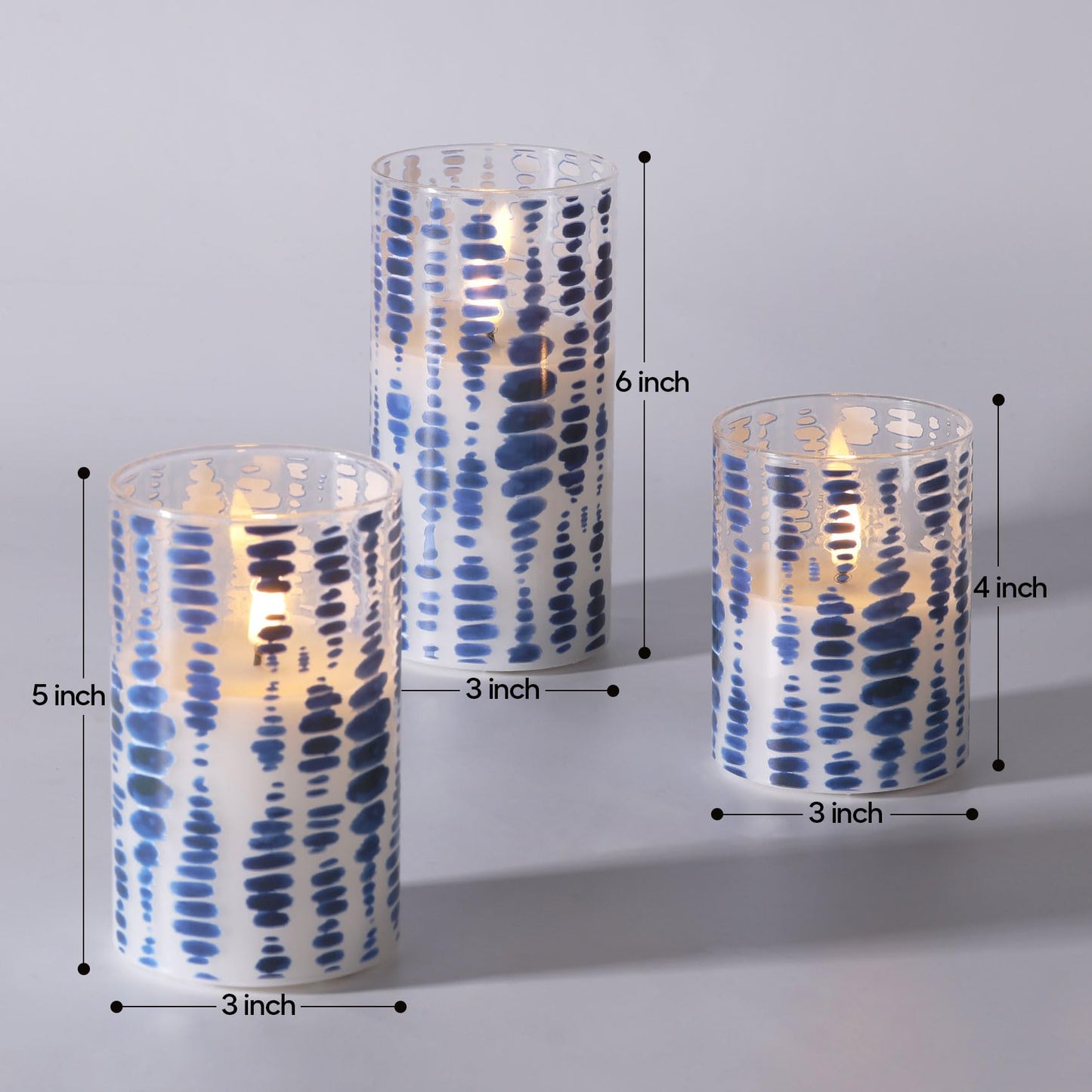 Eywamage Blue Dots Flameless Candles in Glass Jars, Flickering Battery LED Pillar Candles with Remote Set of 3