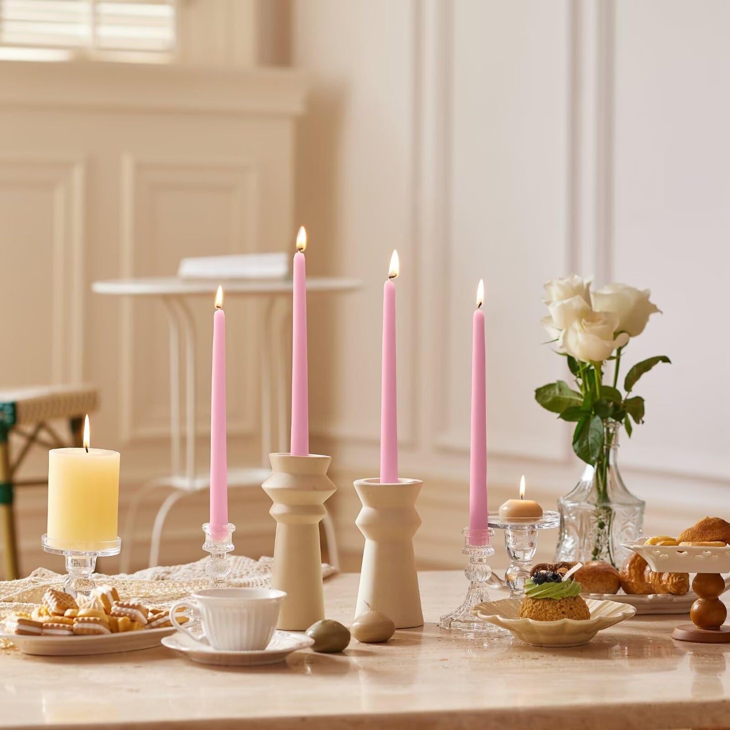Pickood 12-Inch Tall Dripless Taper Candles Set of 4 - Pink Tapered Candles, Perfect for Spring - Smokeless, Unscented, Long Burning - Hand Poured, Colored Tall Candlesticks - Light Pink