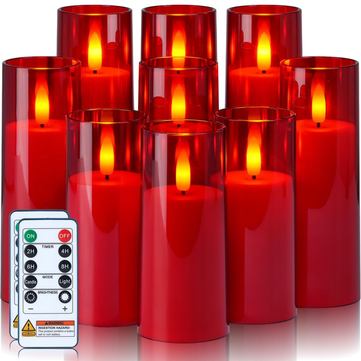Homemory Decorative Flameless Candles, Battery Operated Candles with Remote & Timer, Flickering Led Pillar Candles, Plexiglass, Red, Pack of 9, D2.2 xH 5" 6" 7"
