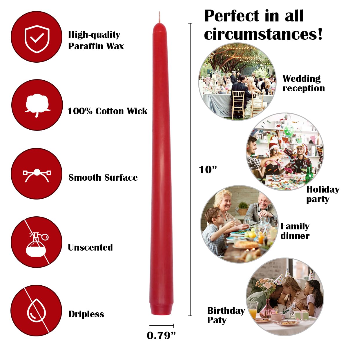 Red Taper Candles, Set of 20 Unscented and Smokeless 10 Inch Taper Candles Long Burning, Paraffin Wax with Cotton Wicks for Burning Approxinately 7-8 Hours Time
