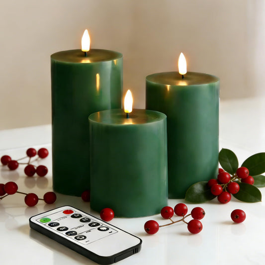 Eywamage Green Flameless Pillar Candles with Remote, Flickering Battery Operated LED Wax Candles Set of 3