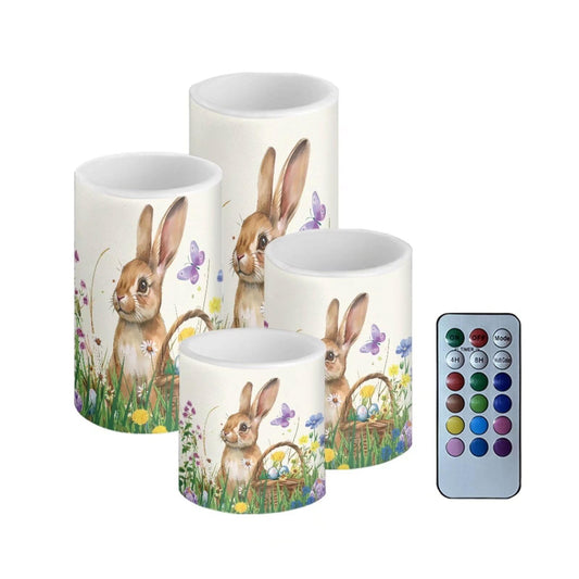 NETILGEN 4 Pcs Flameless LED Candles for Easter Day Decor Flower Bunny Print Electric Candles with Remote Timer Control Color Changing Long Lasting Fake Candles