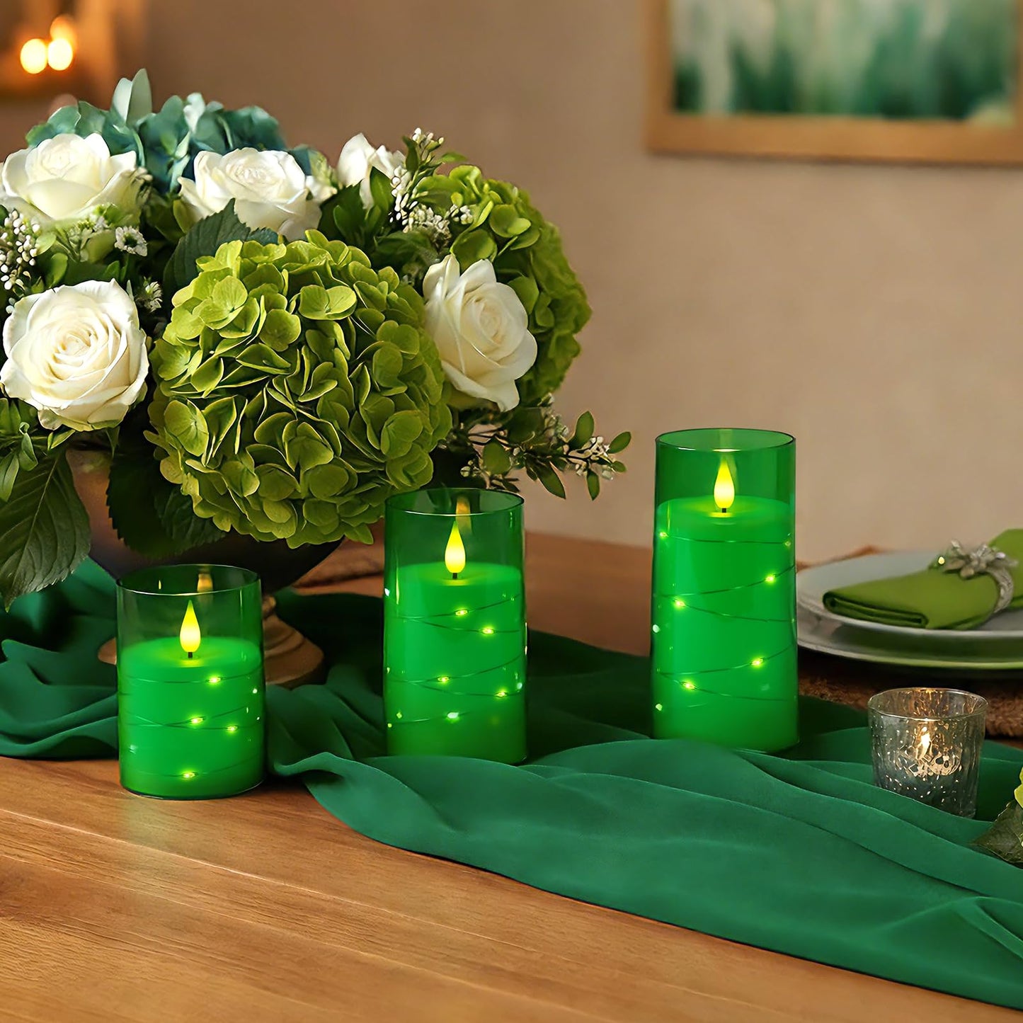 Homemory St. Patrick's Day Flameless Candles with Embedded Star String Fairy Lights, Green Battery Operated Candles, LED Candle, Fake Candles with Remote Control and Timer, Set of 3(H 4" 5" 6”)