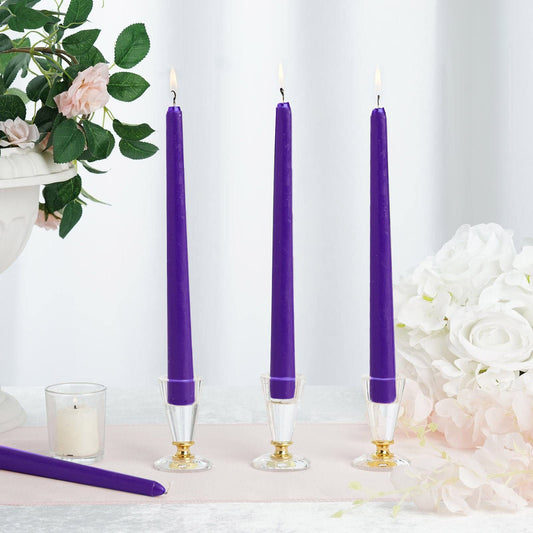 Tableclothsfactory 10" Tall Premium Quality Dripless Unscented Purple Taper Candles Wedding Dinner Candles for Wedding Decoration Set of 12