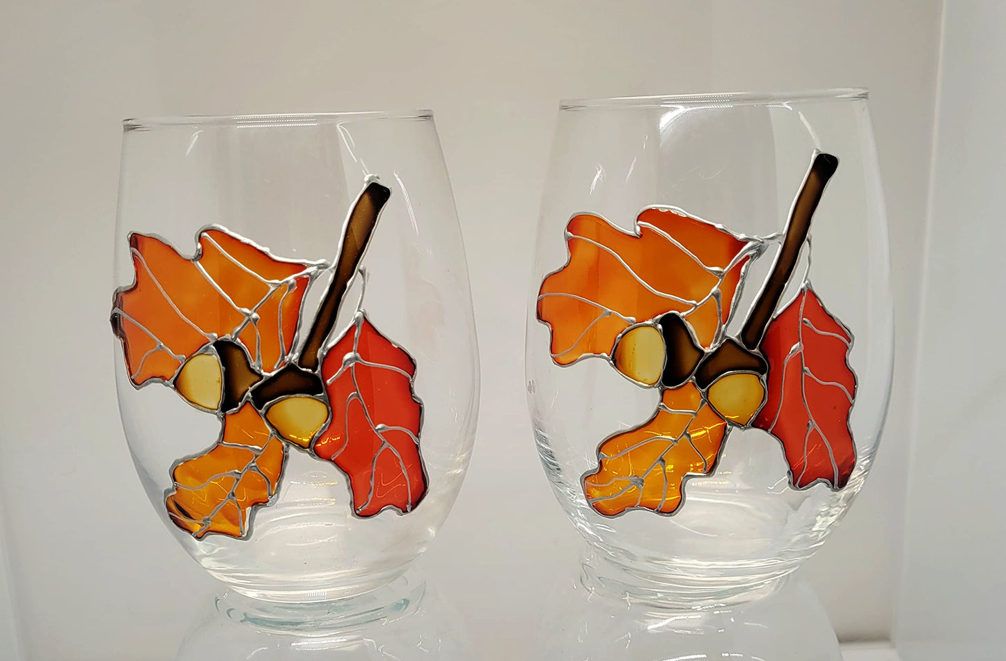 Oak Leaves Acorns Stemless Hand Painted Wine Glasses Set 2 Fall Decor
