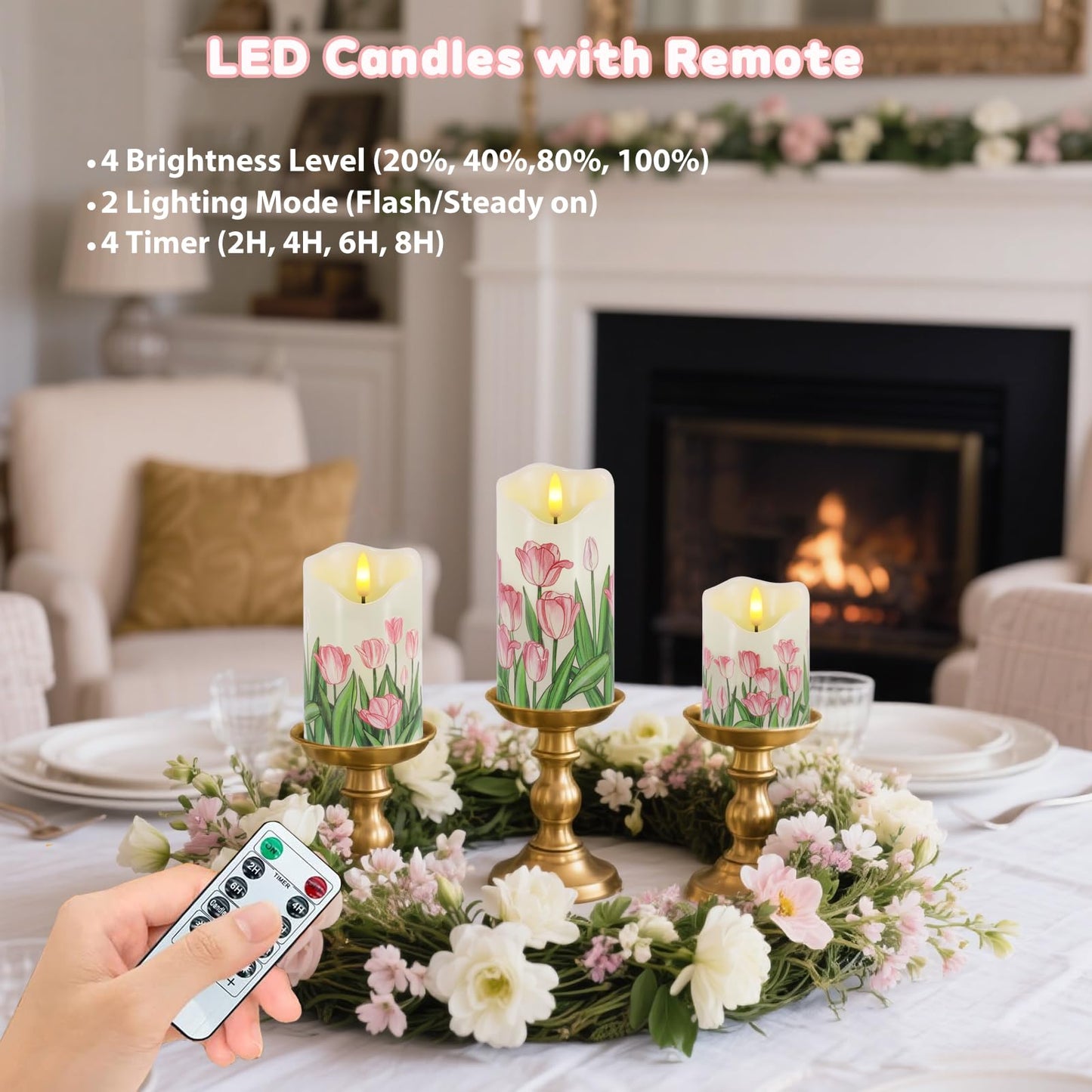 VEEKI Flameless Candles Light, Set of 3 Flickering Tulip Pillar Candles with Remote & Timer, Dimmable Real Wax Electric LED Candles Battery Operated, Mother's Day Birthday Gift for Mom Grandma Women