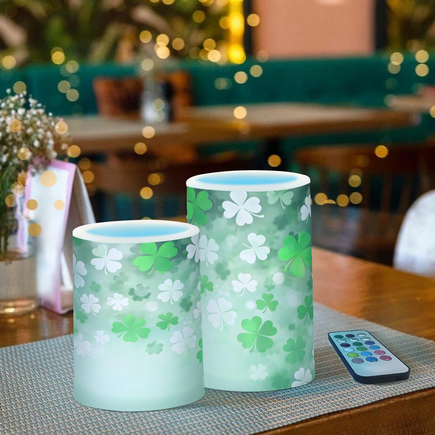 St. Patrick's Day Lights Flameless Candles St Patrick Day White Leaves Pillar Candles Set of 2 Battery Operated Remote Control Warm Lights Home Decor