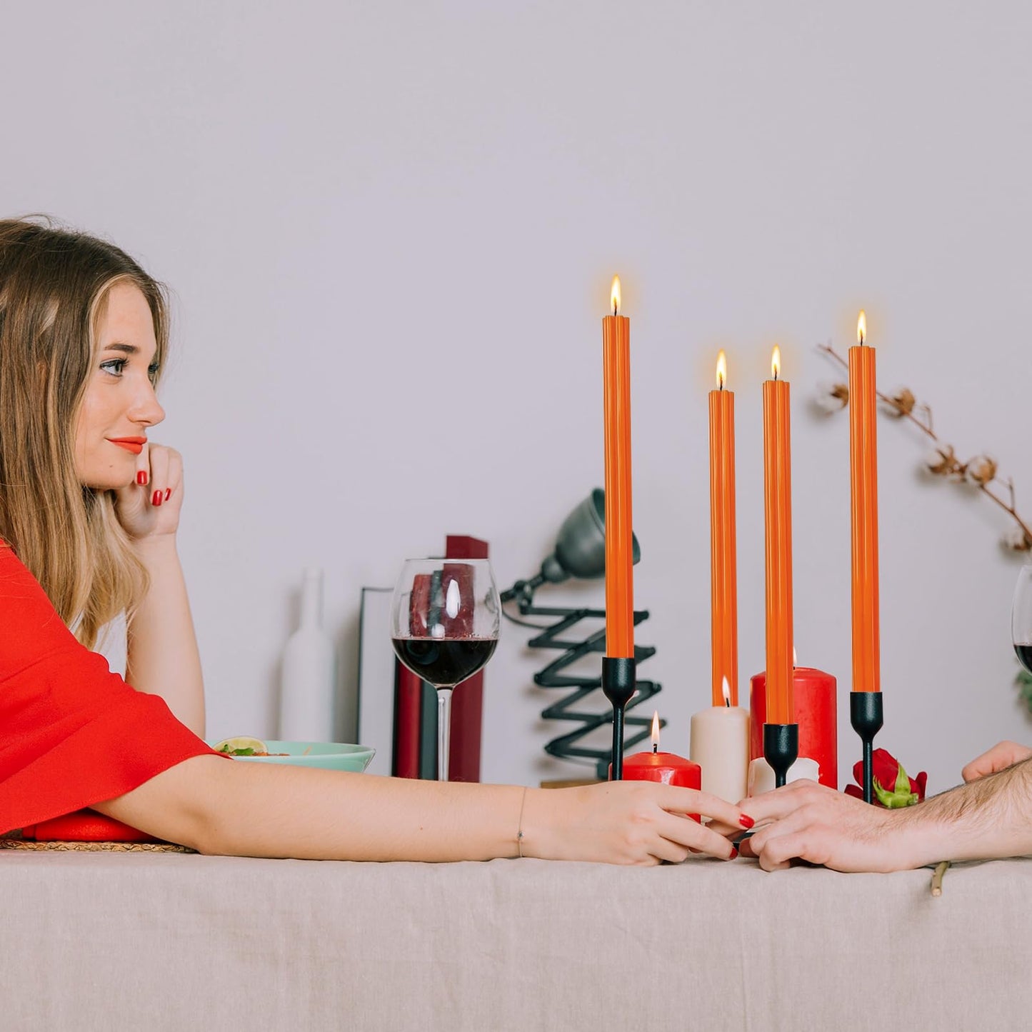 Unscented Taper Candles Dripless Long Orange Taper Candles Smokeless 10 Inch Roman Column Design Dinner Candlesticks for Home Decoration Holiday Gifts