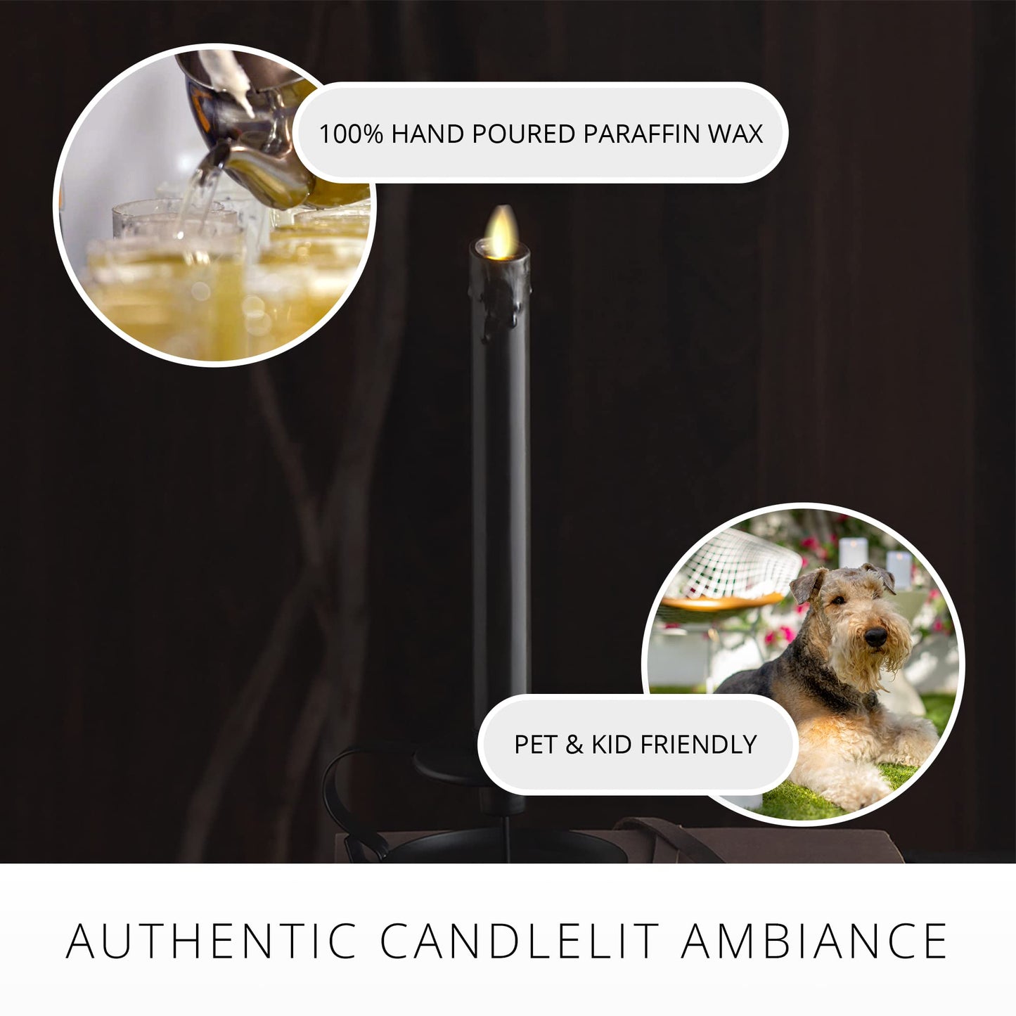 Luminara Black Single Wax Drip Flameless Candle Tapers (1 x 9.5 inch), Moving Flame LED Candle Unscented Real Wax with Dripped Top Timer Function, Table, Mantel, Holiday Decoration