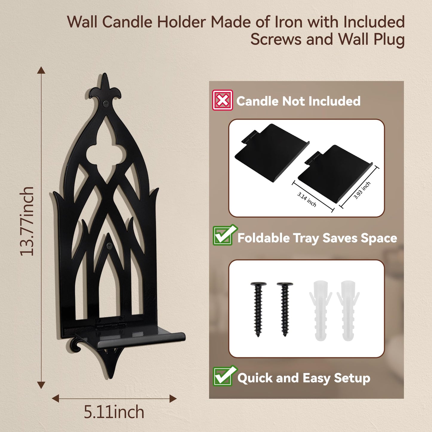 ZYIDBNG Wall Candle Sconces Set of 2, Victorian Gothic Metal Candle Holders for Pillar, Tealight, and LED Candles, Decorative Wall Decor for Living Room Dining Room (Black)