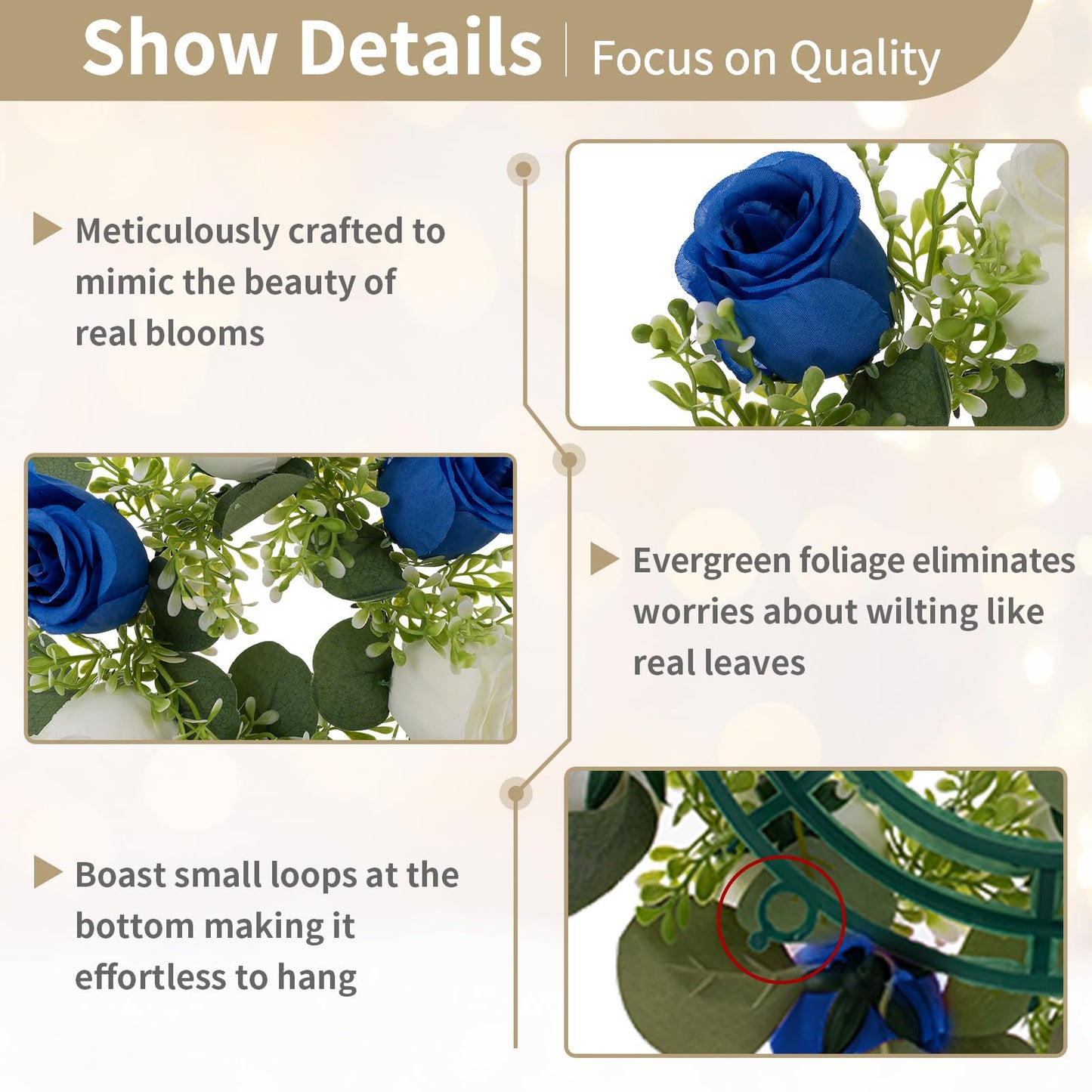 NUPTIO Flower Candle Rings for Centerpieces: 13.4 Inch Rose Wreath for Wedding Party Christmas - Royal Blue & White Wreaths for Spring Summer Front Door Porch Table Decor 2 Pcs