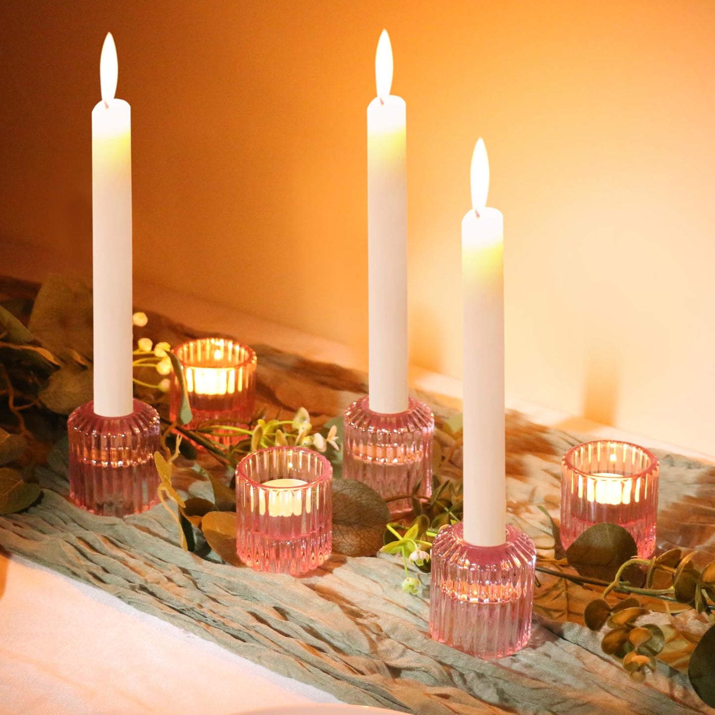 CHOCSTAY Reversible Pink Glass Candle Holder Set of 6, Thick Heat-Resistant Glass Candlestick Holders for Taper, Tealight, Votive, LED Candles, Perfect for Wedding, Party, Home Décor