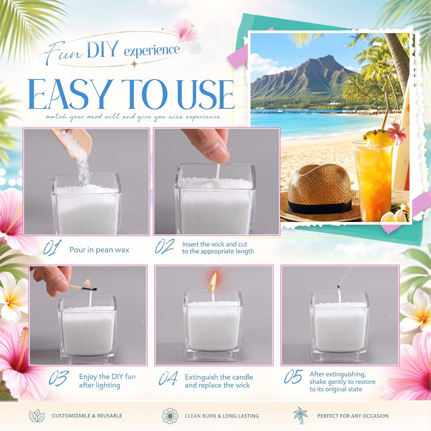 MTLEE Pearled Candle 2.2 Lb/35oz Hawaiian Flavor Scented Sand Candle Kit Include 50 Wicks, Bow Gift Box, Spoon Reusable Pearled Wax, Gifts for Women Girls Teacher Birthday DIY Home Kit