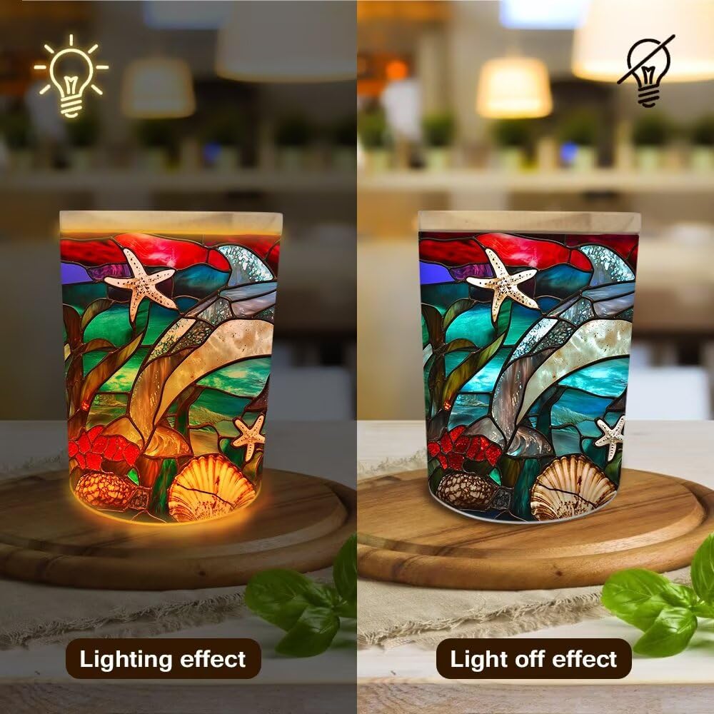 Stained Glass Dolphins Tea Light Candle Holders, Starfishes Tealight Candle Holder Jar with Wooden Lid, Ocean Votive Candlesticks for Table Centerpieces, Christmas,Birthday Party,Home Decor
