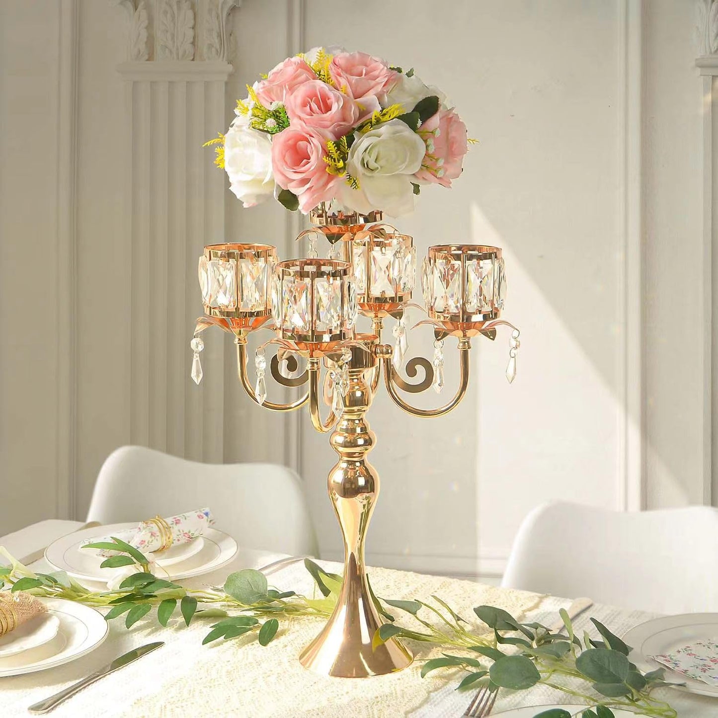 2 Pcs Kehail Gold 5 Arm Pendant Square Crystal Table Decor 22 inch Candle Holder, Classic and Elegant Table Centerpiece Atmosphere Candle Holders for Gift Wedding Party Home Decor
