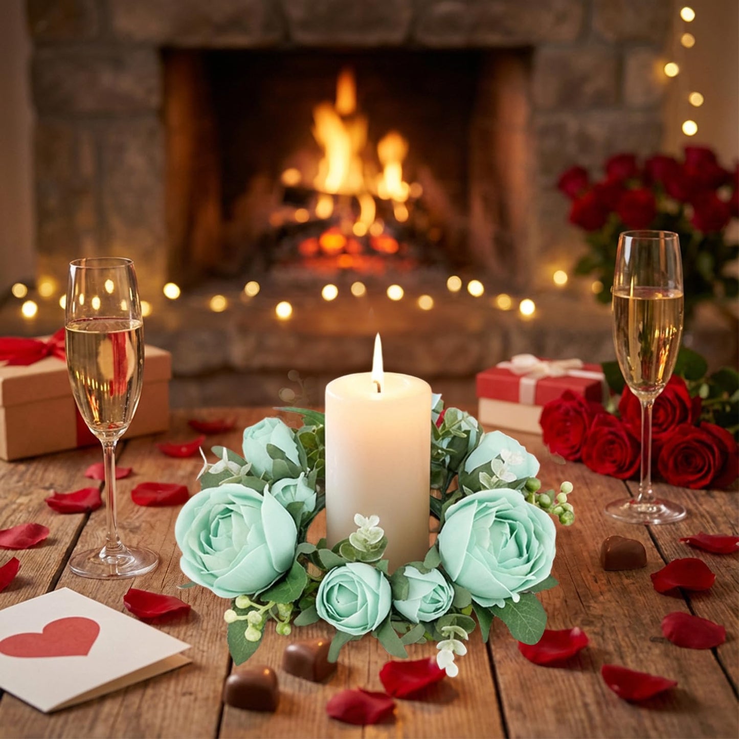 Artificial Rose Candle Rings Wreath Mini Floral Wreaths Pillar Candle Holder with Blooming Flowers and Green Leaves for Wedding Party Home Table Centerpieces Decor (Blue)