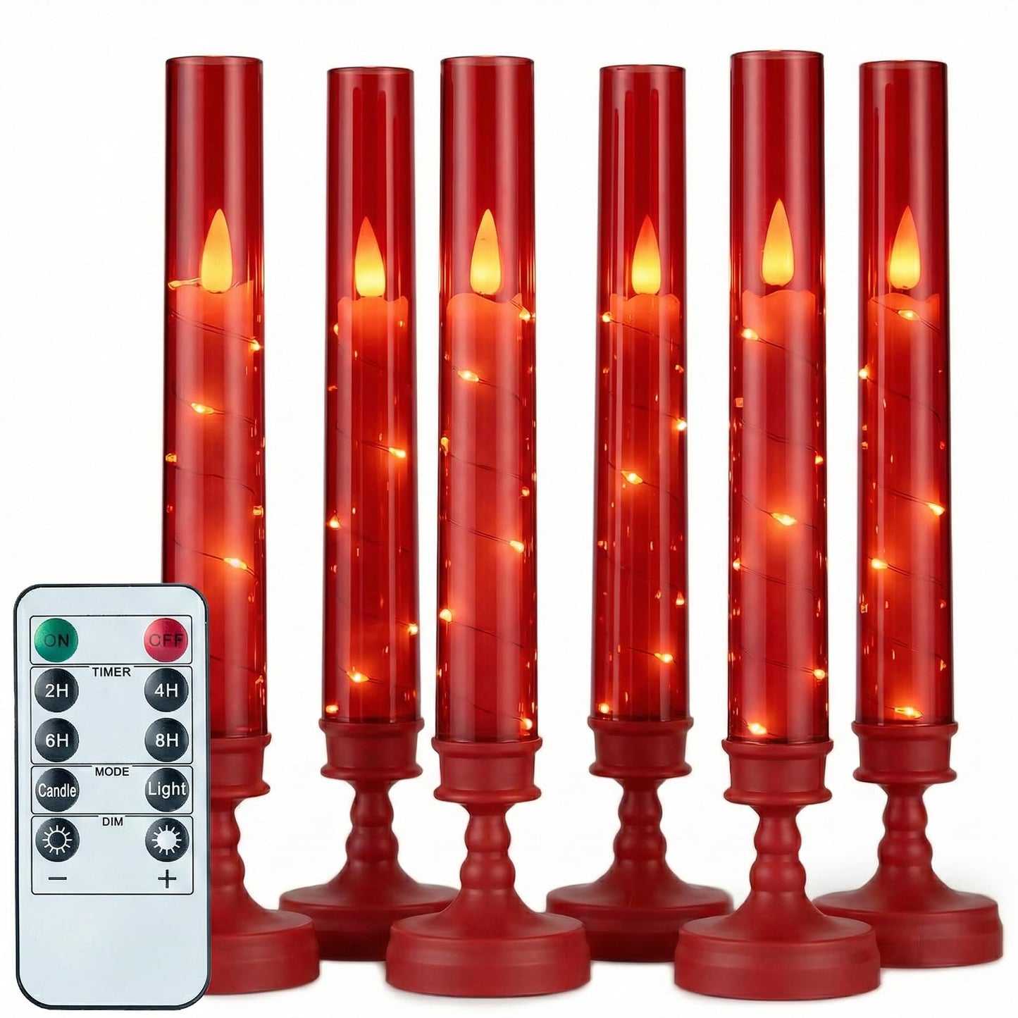 Prerish 6 PCS Flameless Candles with Timer, Flickering Flameless LED Pillar Candles for Romantic Ambiance with Embedded Star String, Acrylic Battery Perated Fake Candles for Home Decoration (Red)