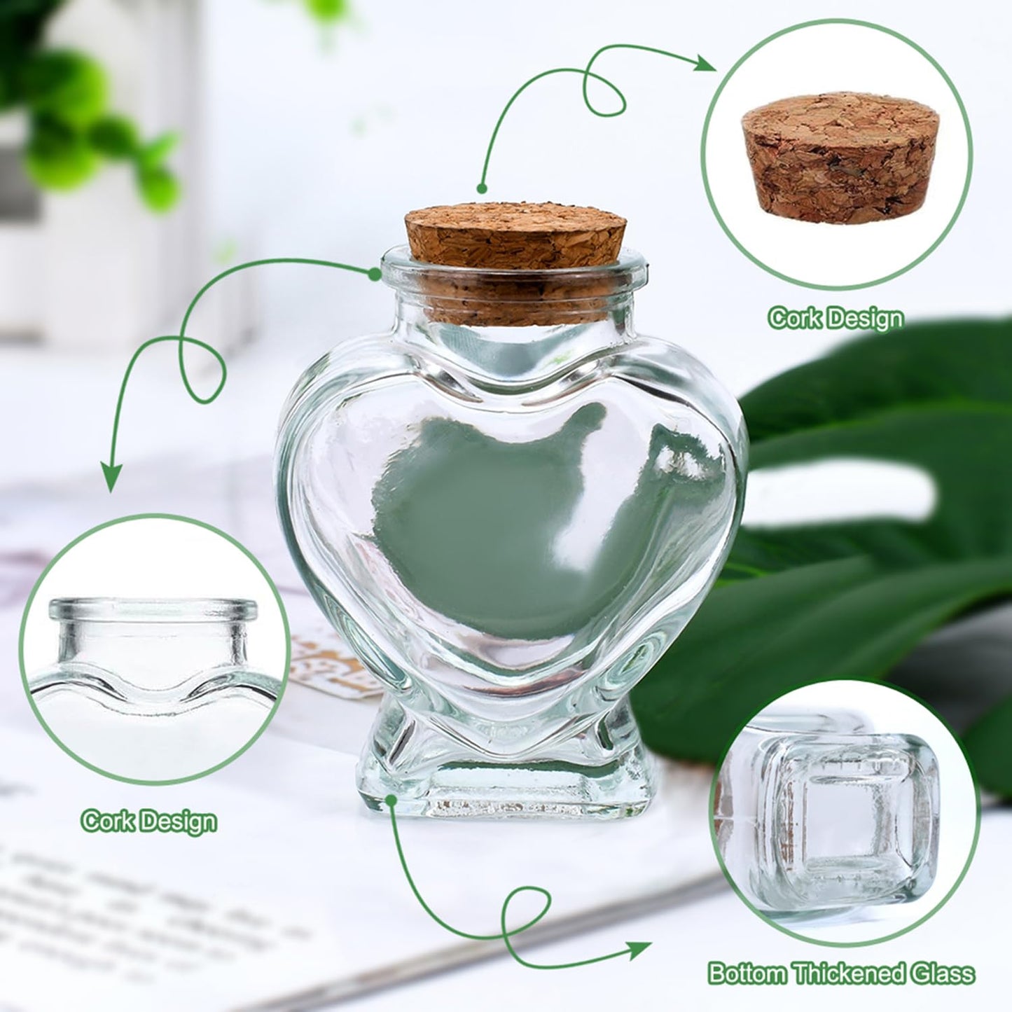 2 Pcs Heart Shaped Glass Bottle with Cork Stopper,160ml Large Empty Jar Decorative for Paper Stars,Wedding Wishes Love Notes Pet Hair Memory Keepsake Romantic Gift 3.3" Opening（Love）