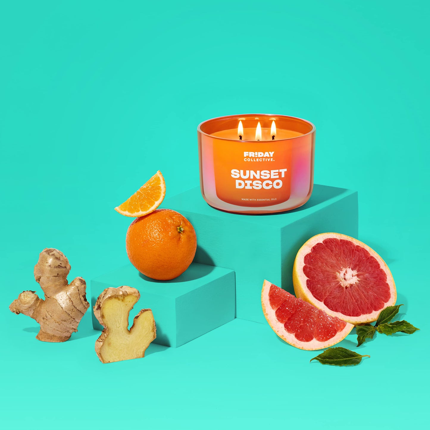 Friday Collective Sunset Disco Candle Citrus Scented Made with Essential Oils 3 Wicks 13.5 oz