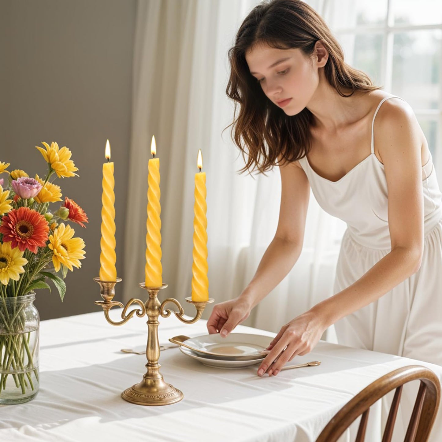 16 Pack Beeswax Taper Candles 7 inch Spiral Beeswax Candles 7 Hours Burning Natural Pure Bees Wax Candlesticks Unscented Smokeless Yellow Bees Wax Candles for Home Prayer