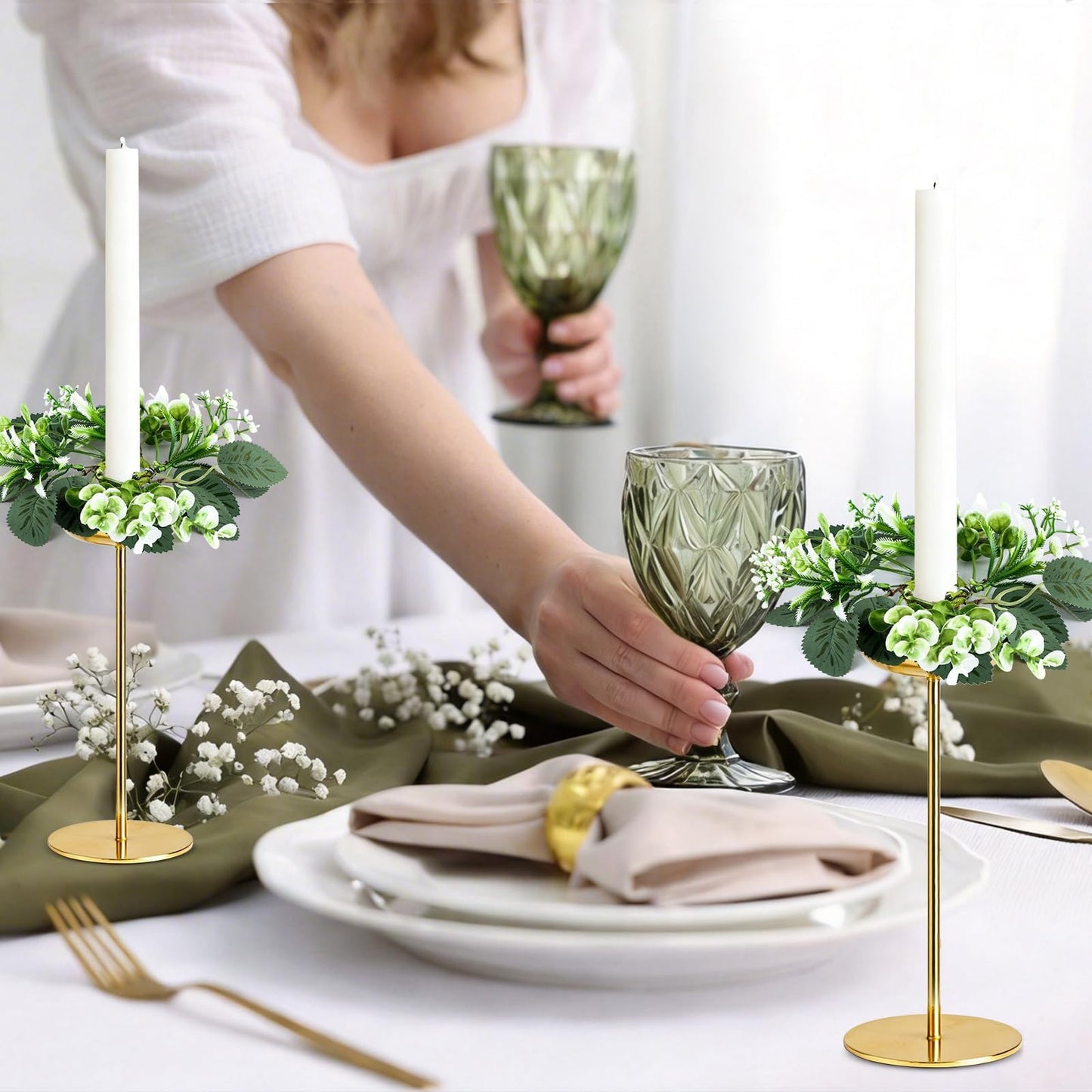 6 PCS Eucalyptus Taper Candle Rings Wreaths 1.38" Mini Spring Summer Floral Taper Candle Holder Wreaths Artificial Greenery Leaves Table Centerpieces Wreath for Farmhouse Home Candlesticks Decor
