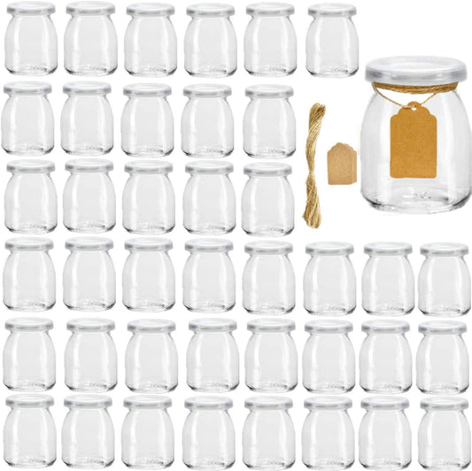Encheng Glass Yogurt Container With Lids, 7 oz Clear Glass Jars With Lids(PE),Replacement Glass Pudding Yogurt Jars With Twine n Tag For Milk,Jams,Jelly,Mousse,Dishwaresafe 40 Pack