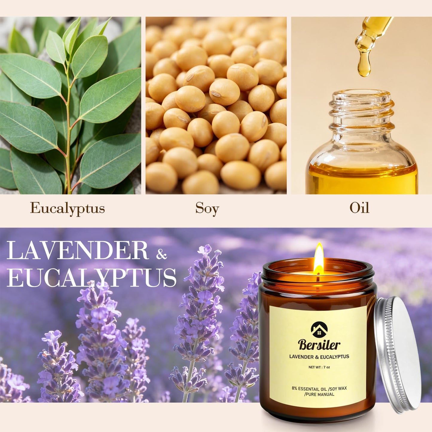 Bersiler Aromatherapy Candles, Scented Candles, 7OZ Lavender Eucalyptus Candles Stress Relief and Relax for Home & Bedroom Gift for Women Birthday Christmas, Soy Wax Candle