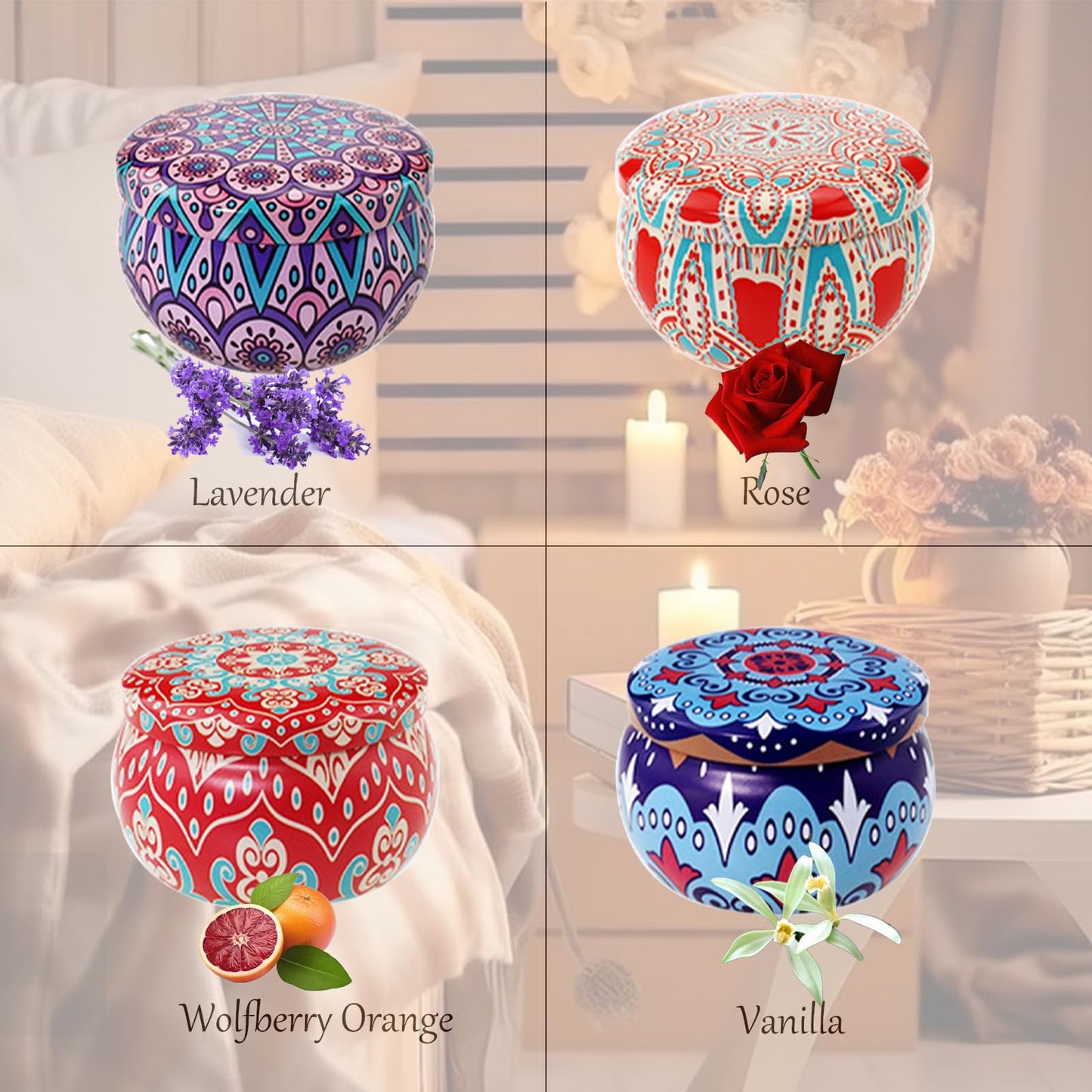 Scented Candles Gift Set, 2.5 oz Aromatherapy Candles for Home, Portable Candles, Soy Wax Tin Jar Candles for Yoga, Bath Long Lasting Time Candles Gift for Women Lavender/Rose/Vanilla/Wolfberry Orange