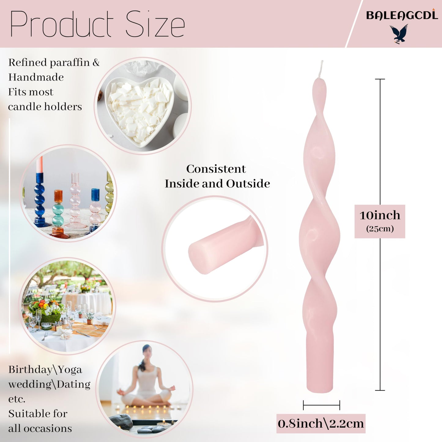 Unscented Gradient Pink Spiral Taper Candle Smokeless Taper Candlesticks Handmade 10 Inch Long Twisted Candles for Wedding Holiday Home Decor Gifts