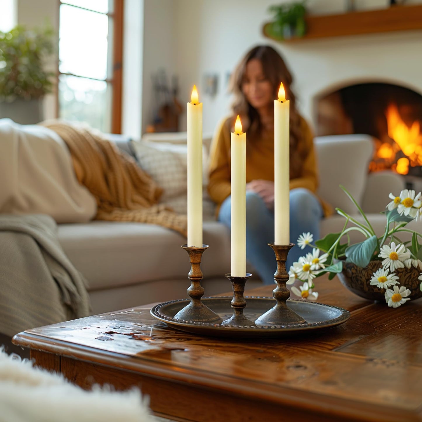Homemory Rechargeable Flameless Taper Candles, Real Waxy LED Candlesticks Flickering, Battery Operated Candles with Remote Timer, 9.6 Inches for Home Wedding Christmas Decor, 6 Pcs, Ivory