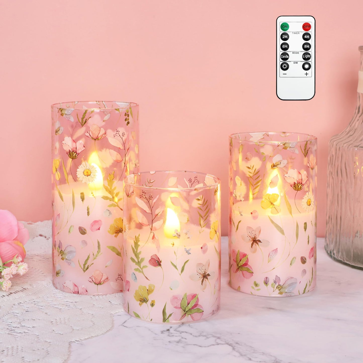 Silverstro Pink Flameless Candles with Remote Timer, Glass Battery Operated Candles, Pink Flower Decals LED Candles for Home Party Wedding Mother's Day Thanksgiving Decor Set of 3