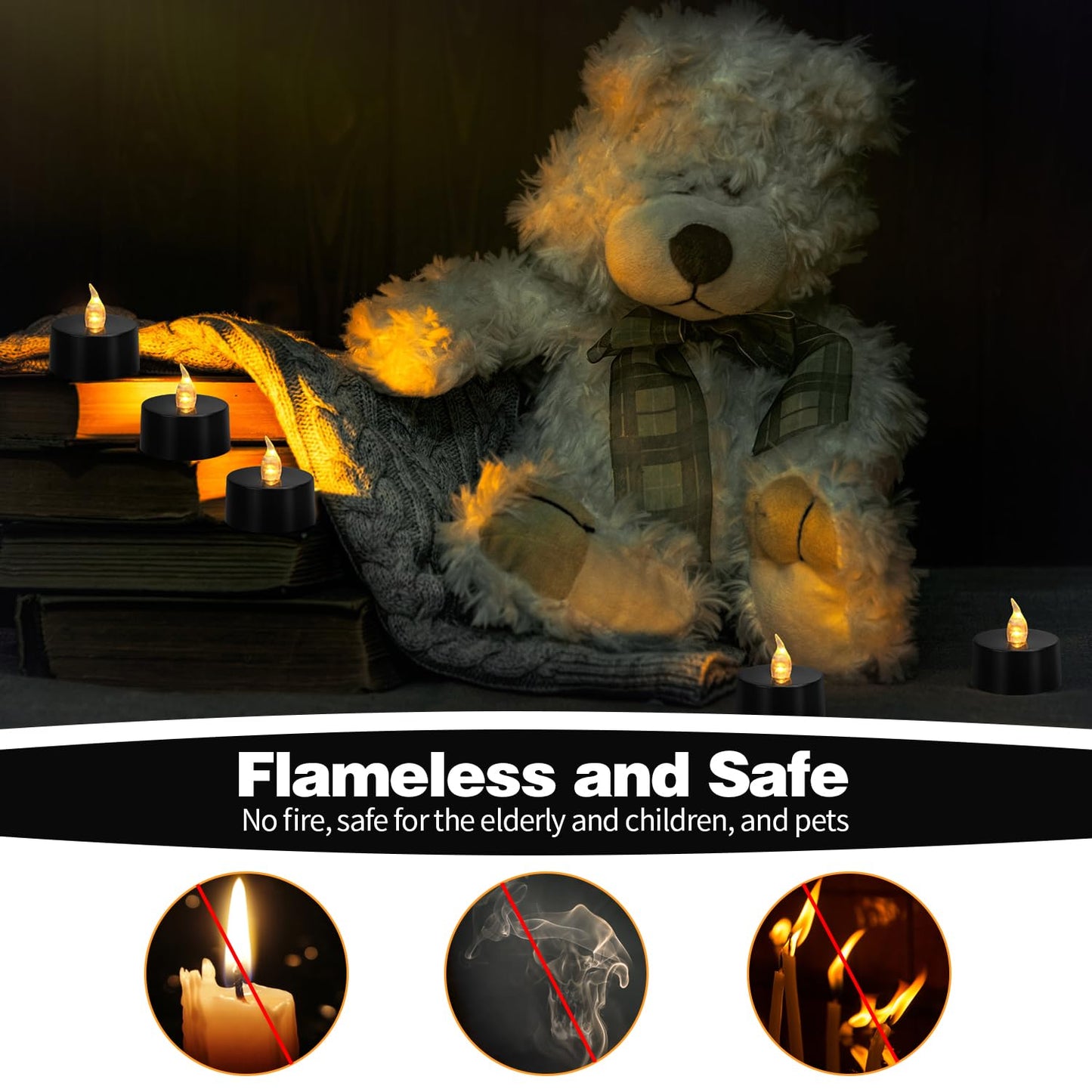 KOABY 50 Pack Warm Yellow Light Non-Flickering Flameless Tea Lights, Black Base, Last 100H+, Battery Operated Tea Lights for Decor