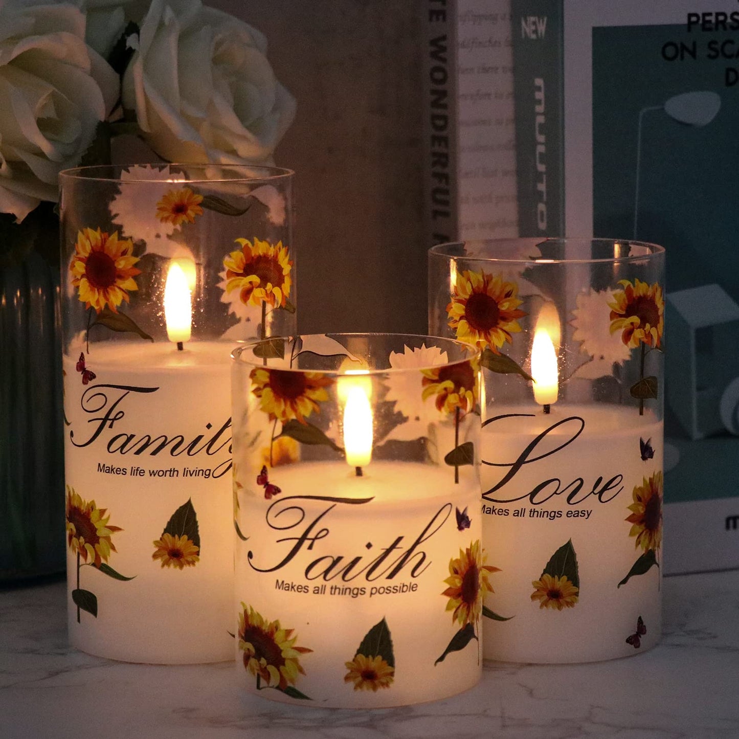 DRomance Sunflower Glass Flameless Candles with Remote Timer Battery Operated LED Pillar Candles Real Wax 3D Wick Flickering Warm Light Wedding Dinner Holiday Spring Candle 3 x 4,5,6 Inches