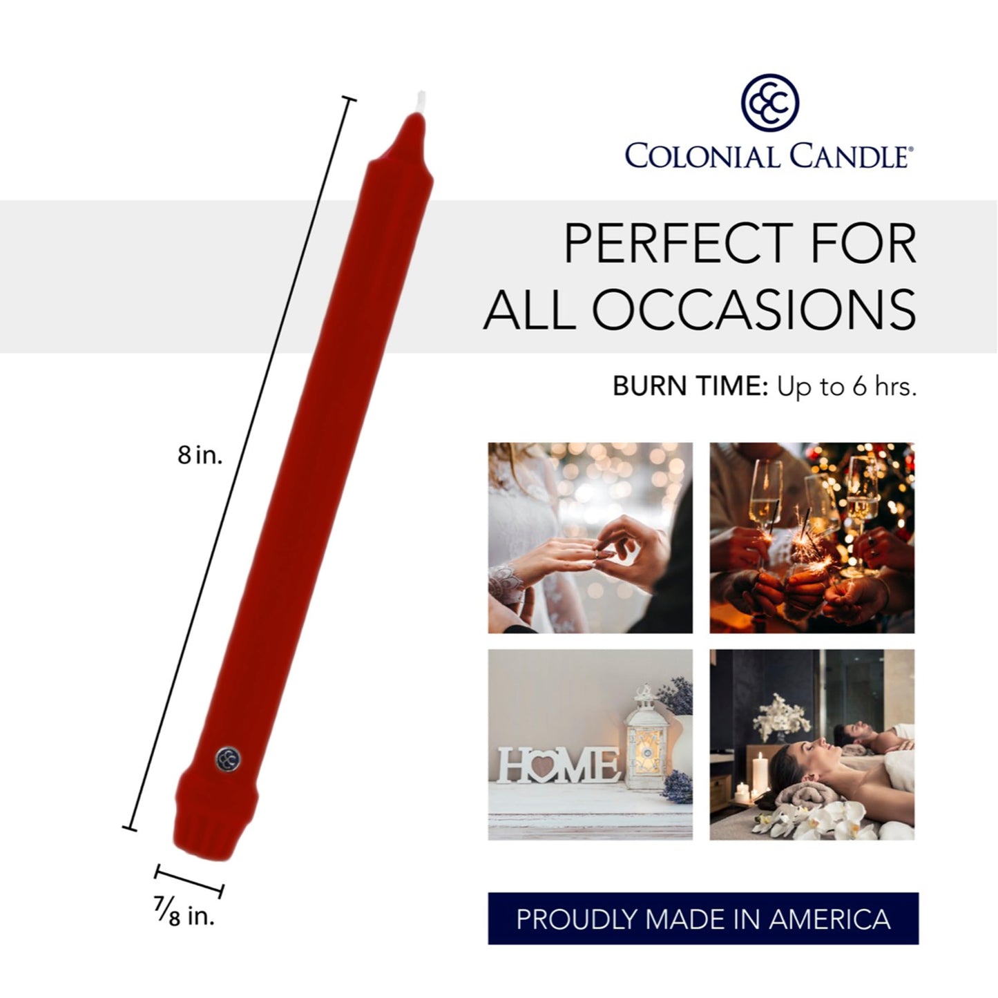 Colonial Candle Unscented Taper Candle, Classic Collection, Traditional Cranberry, 8 in, Pack of 12 - Up to 6 Hours Burn