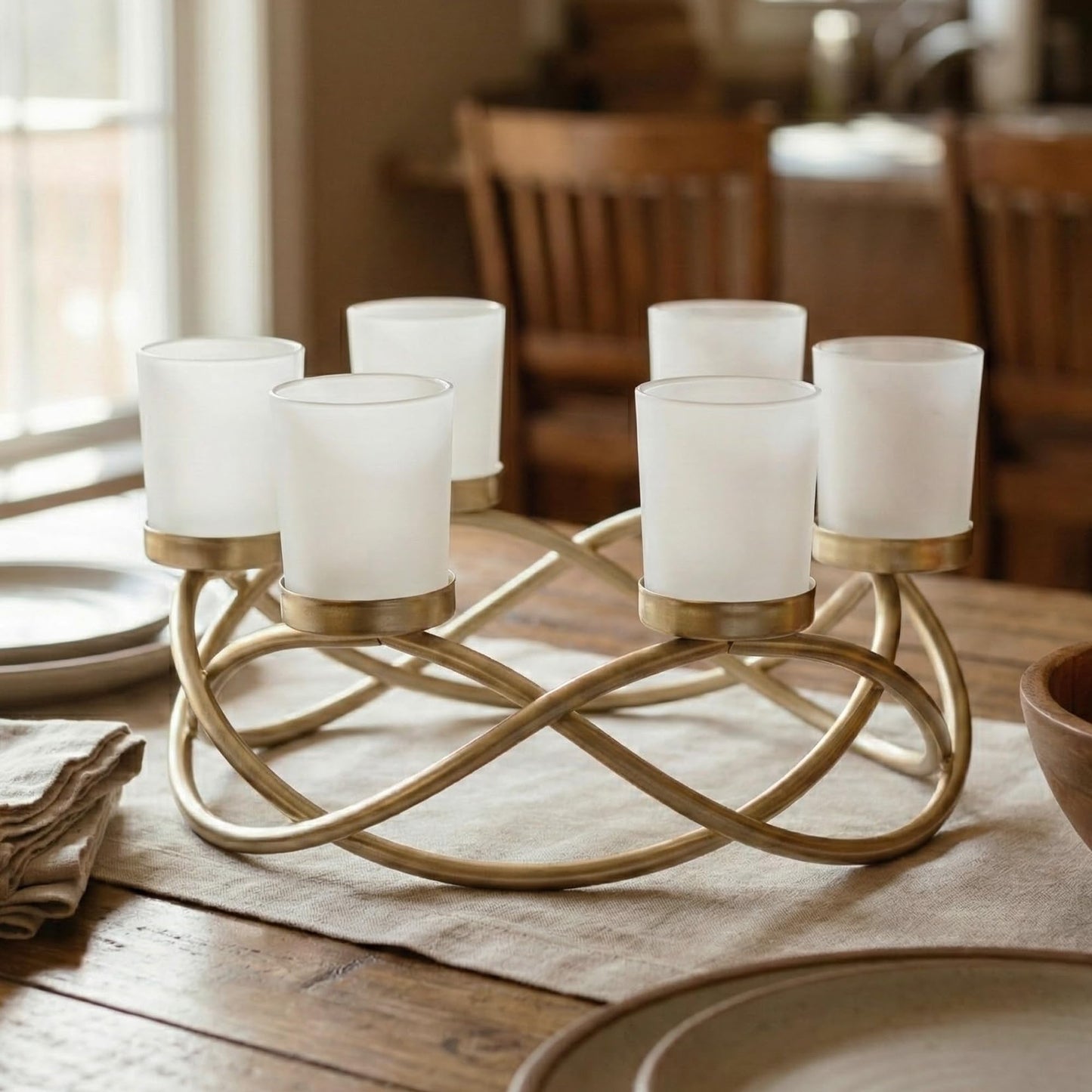 Seraphic Centerpieces for Table Decorations - Round Candle Holders for Outdoor Patio, Dining, Kitchen, Coffee & Wedding Table Decor, Gold Iron Candelabra, 6 Frosted Glass Votive Tealight Cups