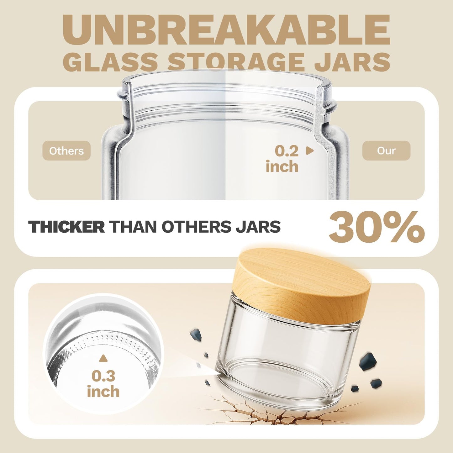 Bumobum 2 oz Small Glass Jars with Plastic Woodgrain Lids, 24 Pack Clear Glass Cosmetic Jars with Inner Liners, 60ml Refillable Empty Sample Containers for Cream, Salve, Powders and Lotion Storage