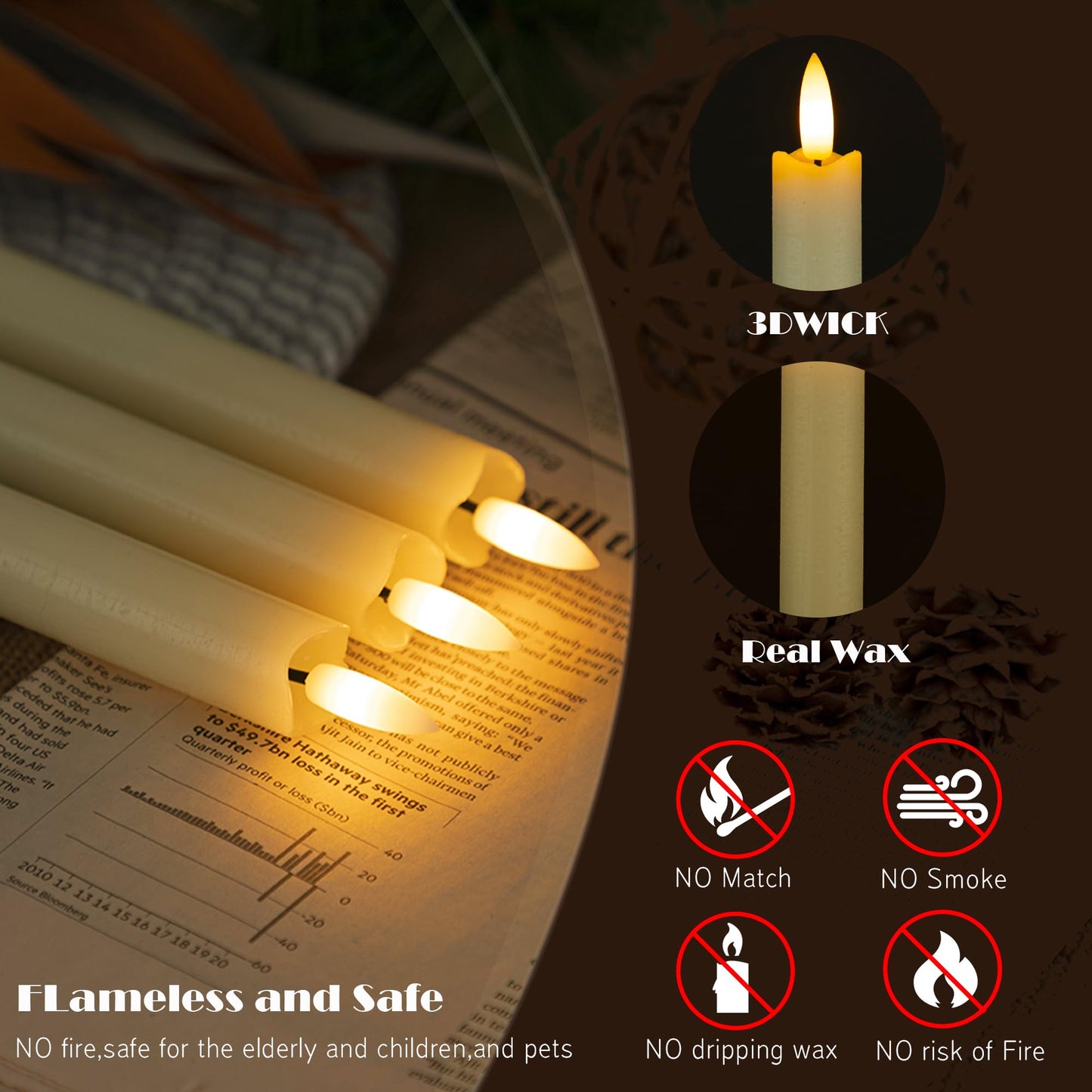 JOIONE Flameless Taper Candles with Remote, 6Pack Real Wax Battery Operated Taper Candles Flickering Flame, Warm Light Electric Fake LED Candles for Wedding & Mother's Day-Ivory