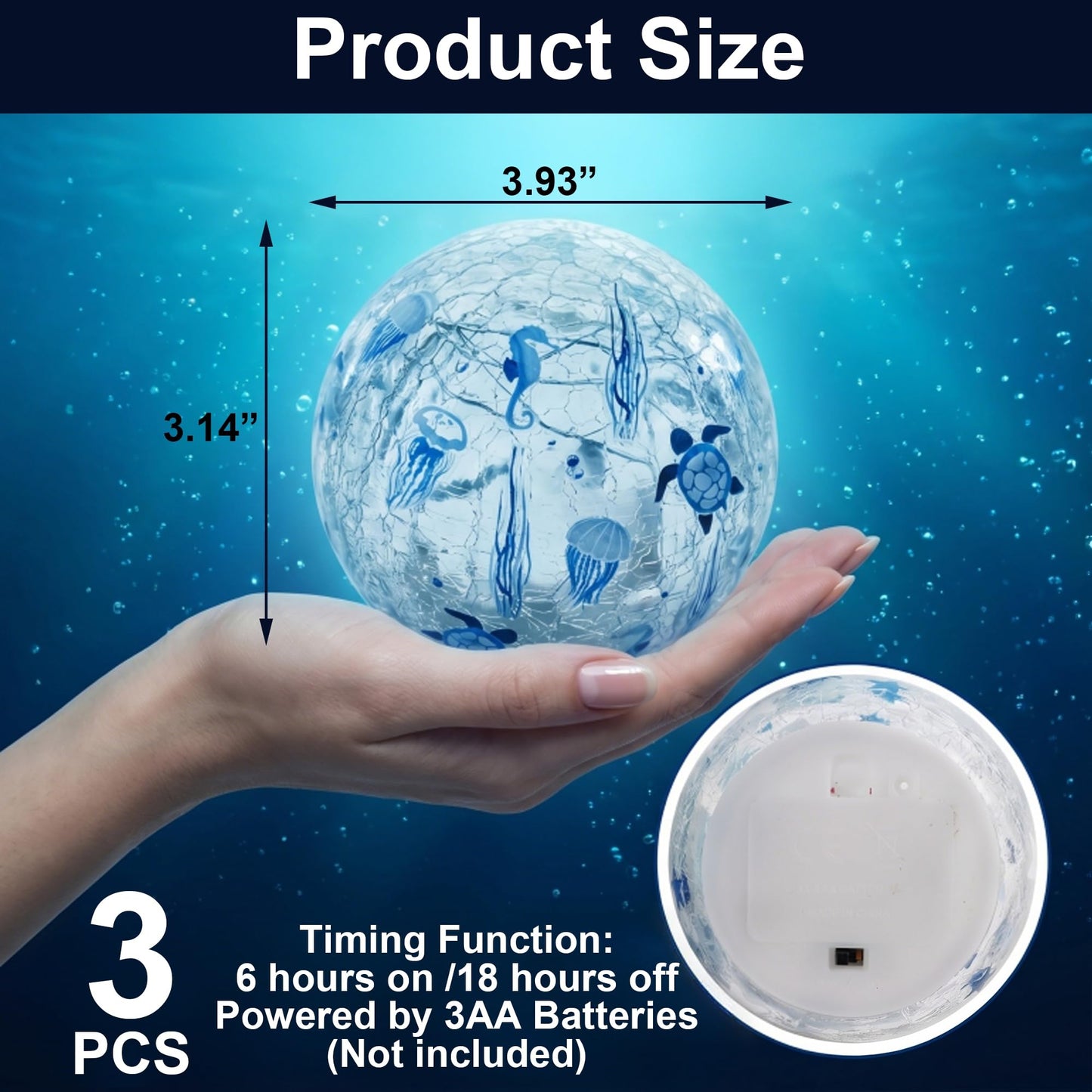 3PCS Summer Decorative Lights, 3.93 Inch Summer Desktop Decoration LED Night Light, Christmas Gift, Birthday Gift, Cracked Glass Ball Light with Timer, Desktop Decoration (Turtle)