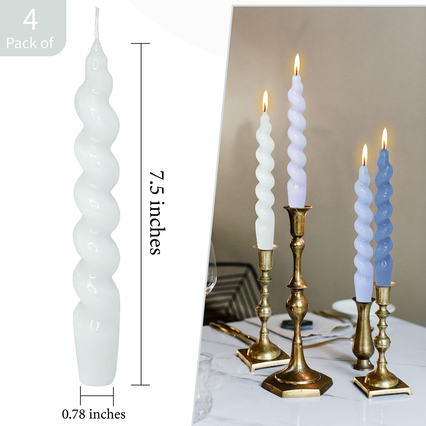 7.5 Inch Twisted Taper Candle 4 PCS Unscented Spiral Candle Smokeless Gradient Blue Candlesticks for Home Dinner Wedding Party Decoration