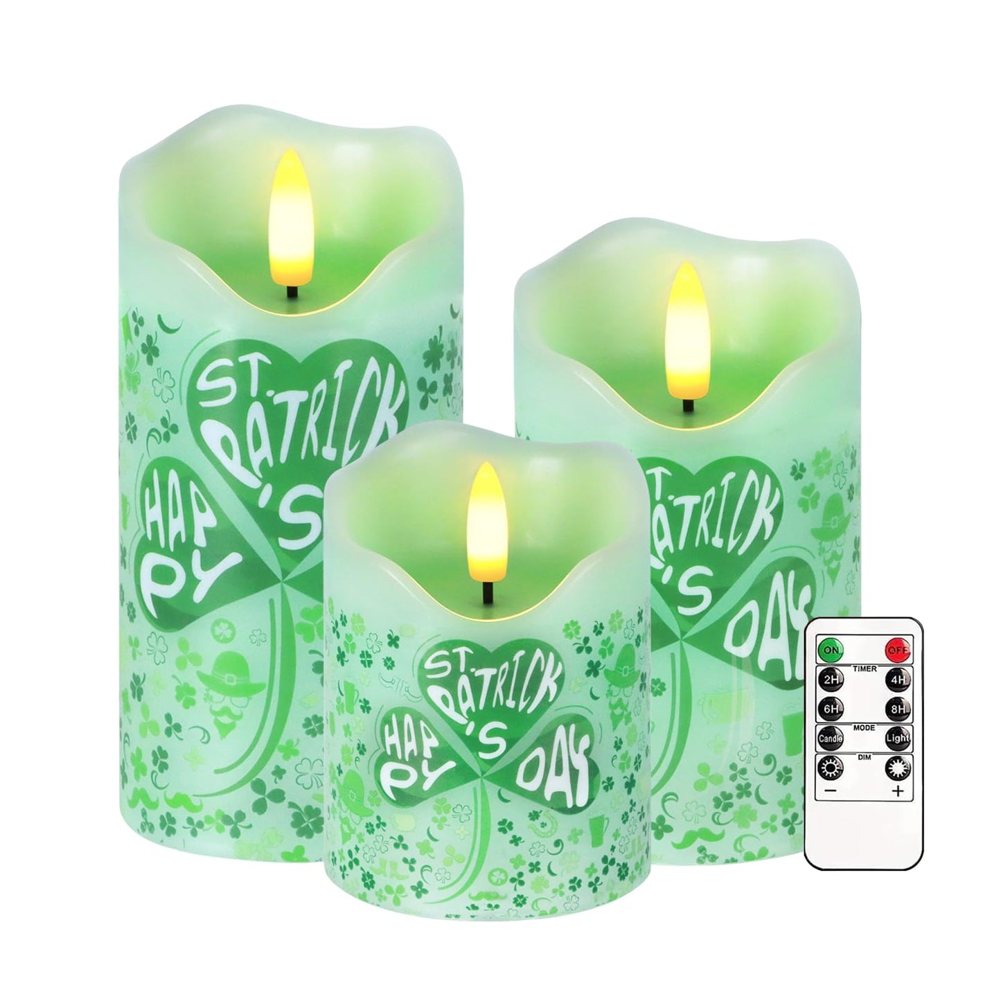 Flameless Candles Lights, Set of 3 Flickering St. Patrick's Day Pillar Candles with Remote & Timer, Dimmable Real Wax Shamrock LED Candles Battery Operated for Home St. Patrick's Day Decor (Clover)