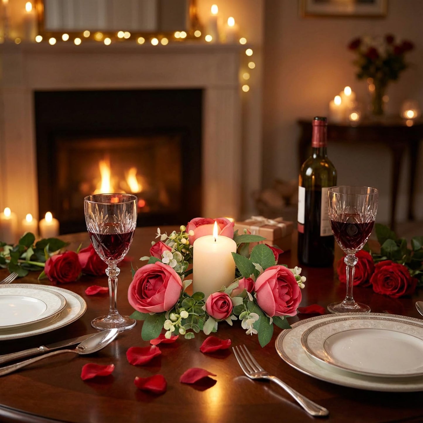 Artificial Rose Candle Rings Wreath Mini Floral Wreaths Pillar Candle Holder with Blooming Flowers and Green Leaves for Wedding Party Home Table Centerpieces Decor (Hot Pink)