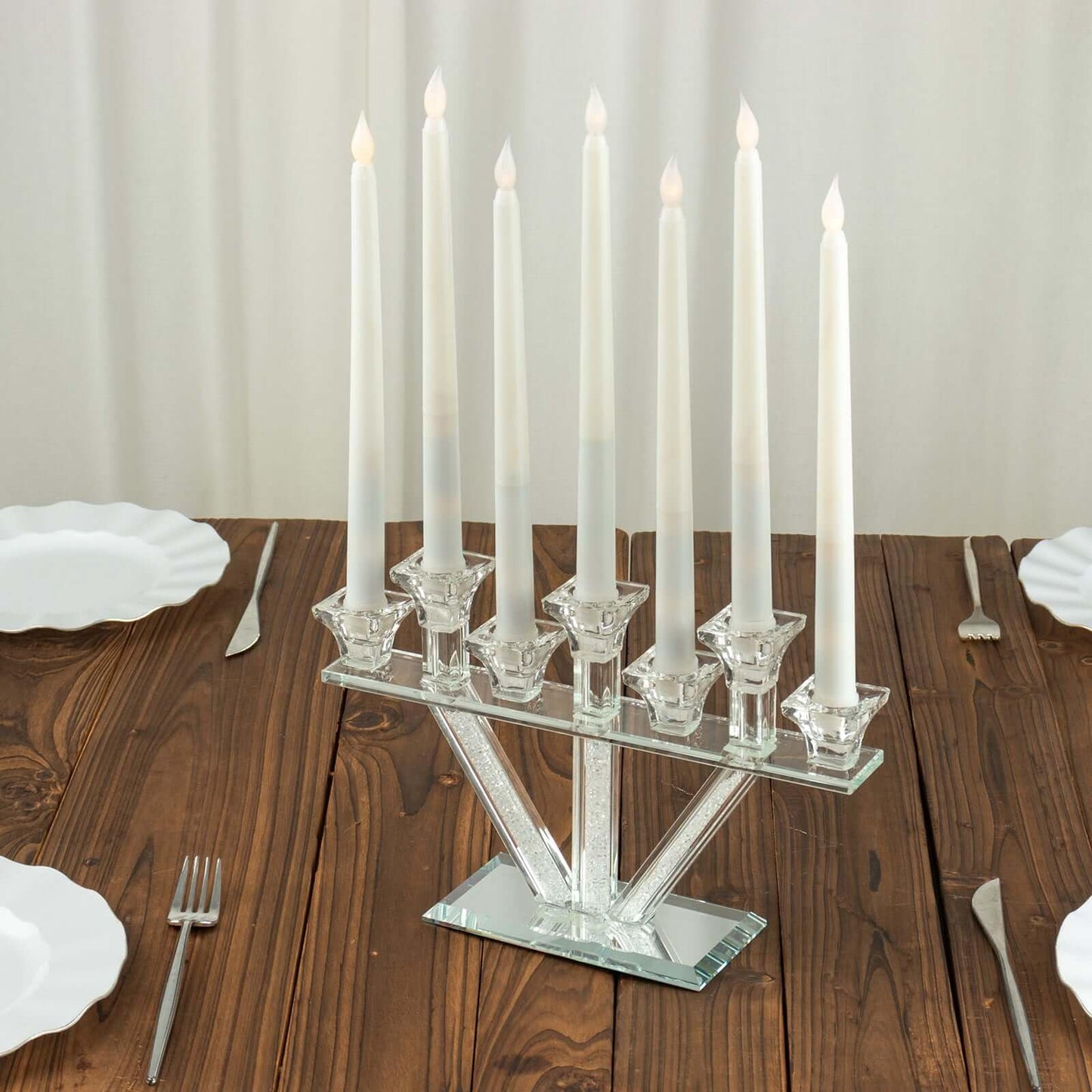 Efavormart 12" Crystal Glass Candelabra with Crystal Filler, 7-Branch Taper Candle Stick Holder Stand with Mirror Rectangular Base