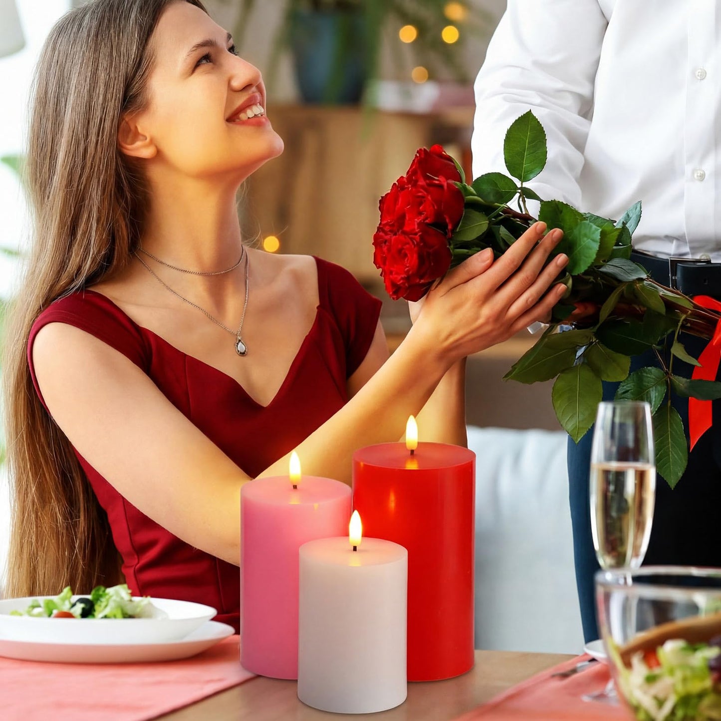 Grinsvalley 3 Pcs Mother's Day Flameless Candles Battery Operated Wax LED Flickering Flameless Pillar Candles with Remote for Home Table Dating Wedding Party Decor