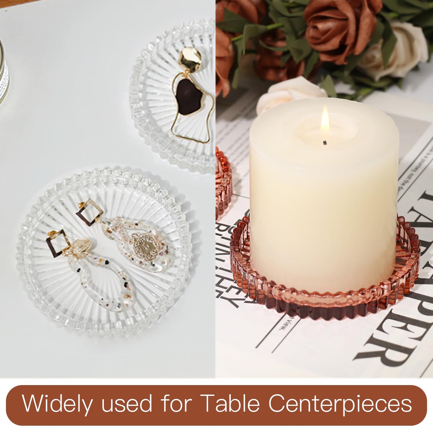 CHOCSTAY Glass Pillar Candle Holder, 4" Candle Plates Set of 3, Glass Candle Holders for Wedding, Party, Holiday, Home Decor, Table Centerpiece