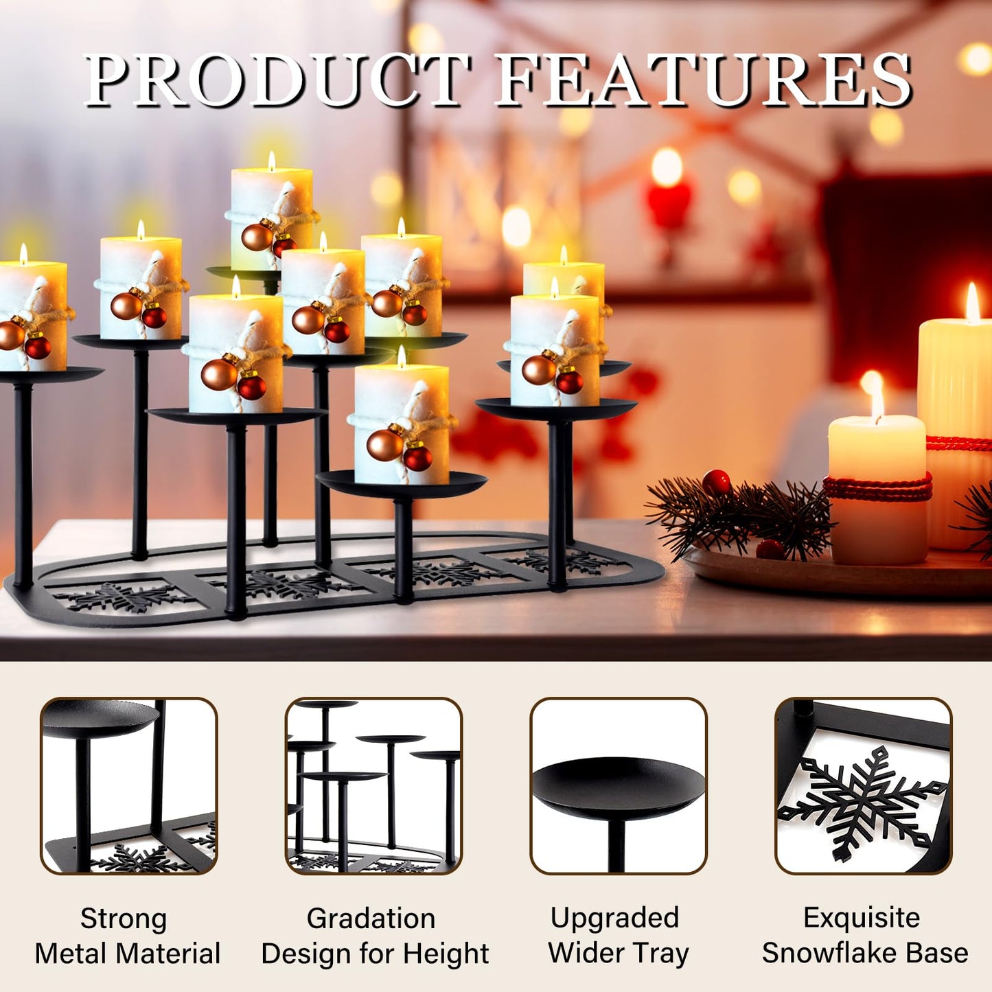 Fireplace Candelabra Candle Holder Matte Black Metal Candleholder with 9 Candle Stands Mantle Decor for Flameless or Wax Pillar Candle Floor Table Centrepiece Christmas Wedding Party Decoration