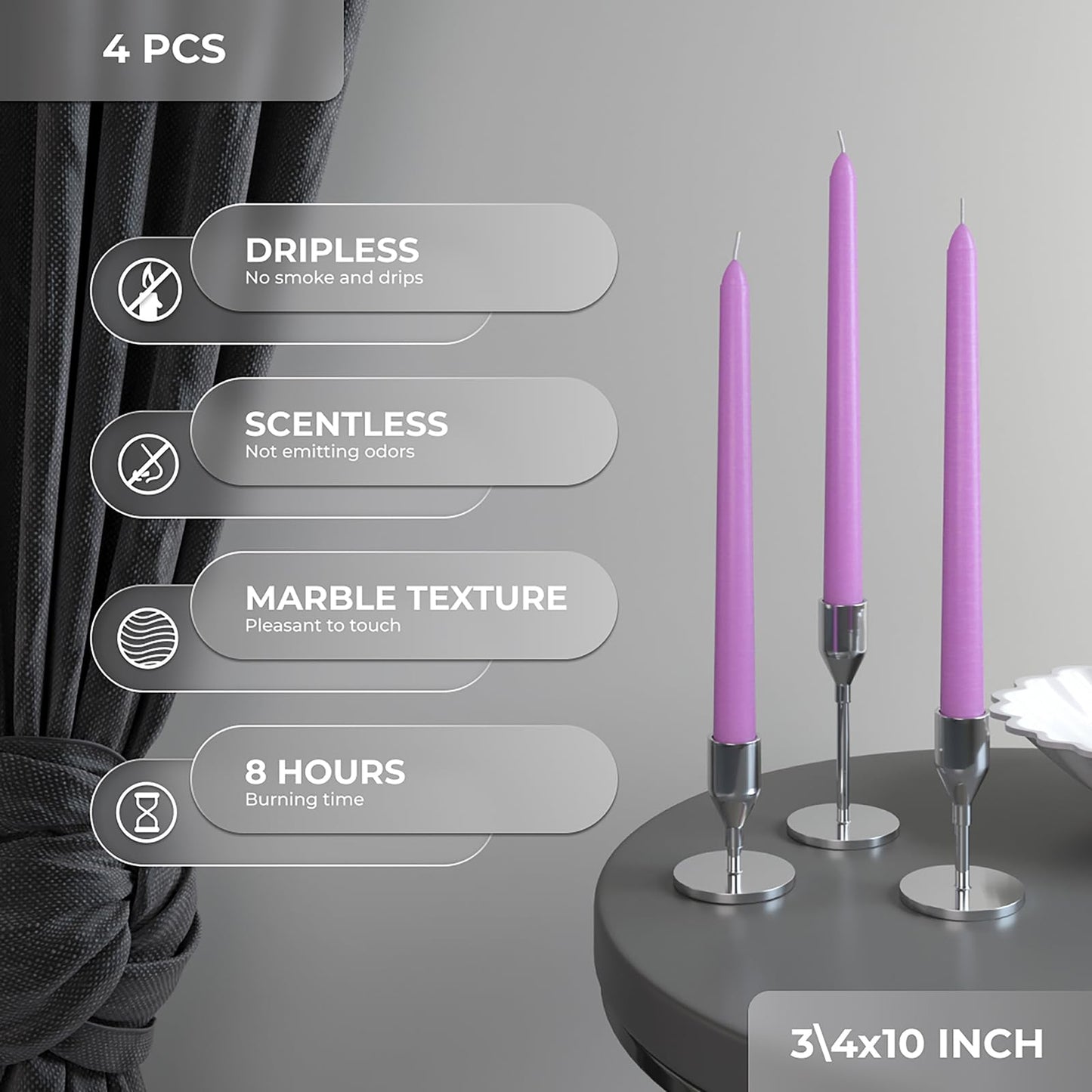 CANDWAX 10 inch Taper Lilac Candles Pack of 4 - Unscented Smokeless Dripless Tall Candlesticks - Perfect for Special Occasions, Ordinary Dinners, for Mother's Day - Lavender Candle Sticks