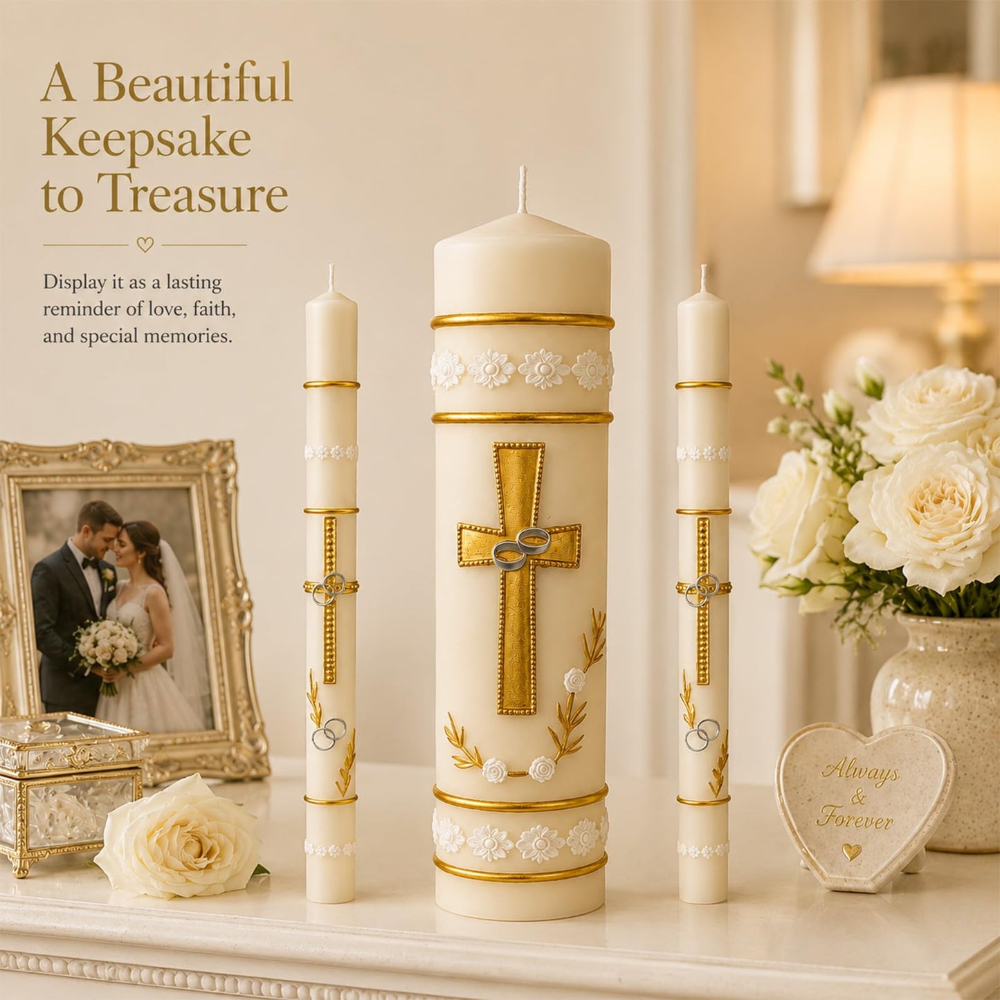 Unity Candles for Wedding Ceremony Set,Wedding Candles 1 Pillar 11.5 Inch and 2 Taper 10 Inch Set 3,Catholic Religious Ceremony Accessories,Velas para Boda (Cross & Rings)